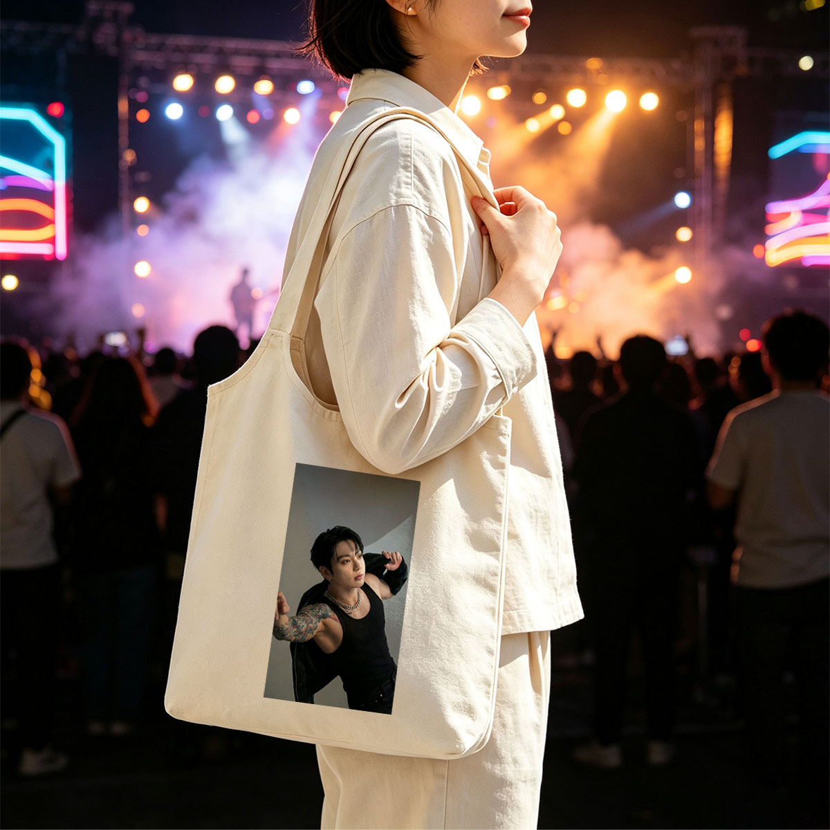 BTS Jungkook in a Powerful Pose with Tattooed Arm and Black Tank Top - Canvas shoulder bags/