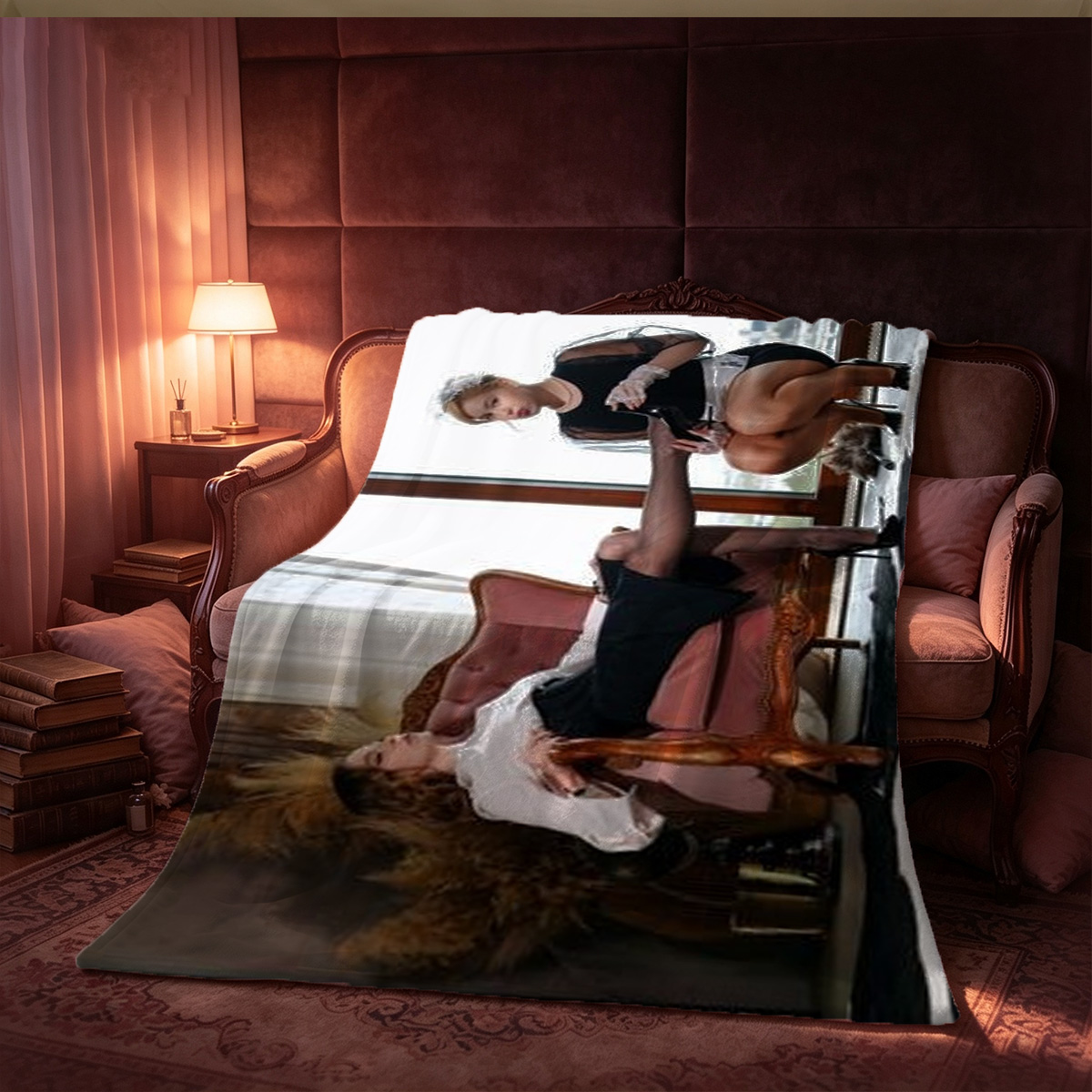 Two Japanese models in black lace bodysuits and stockings posing on a library ladder. - Blanket