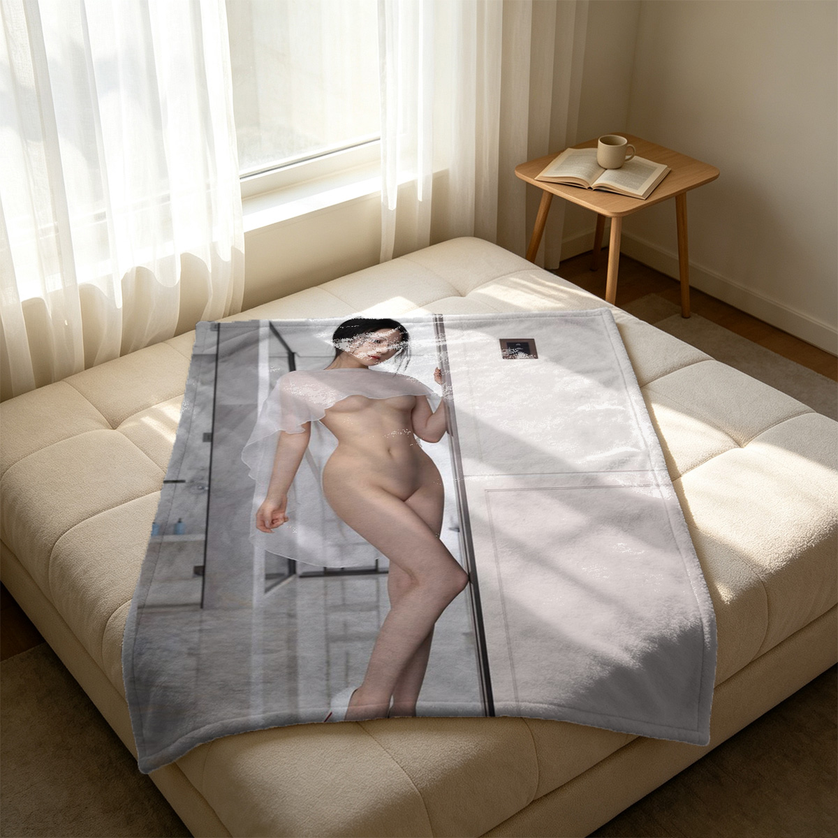 Shower Girl in Transparent Plastic Lingerie Sitting by Window - Blanket