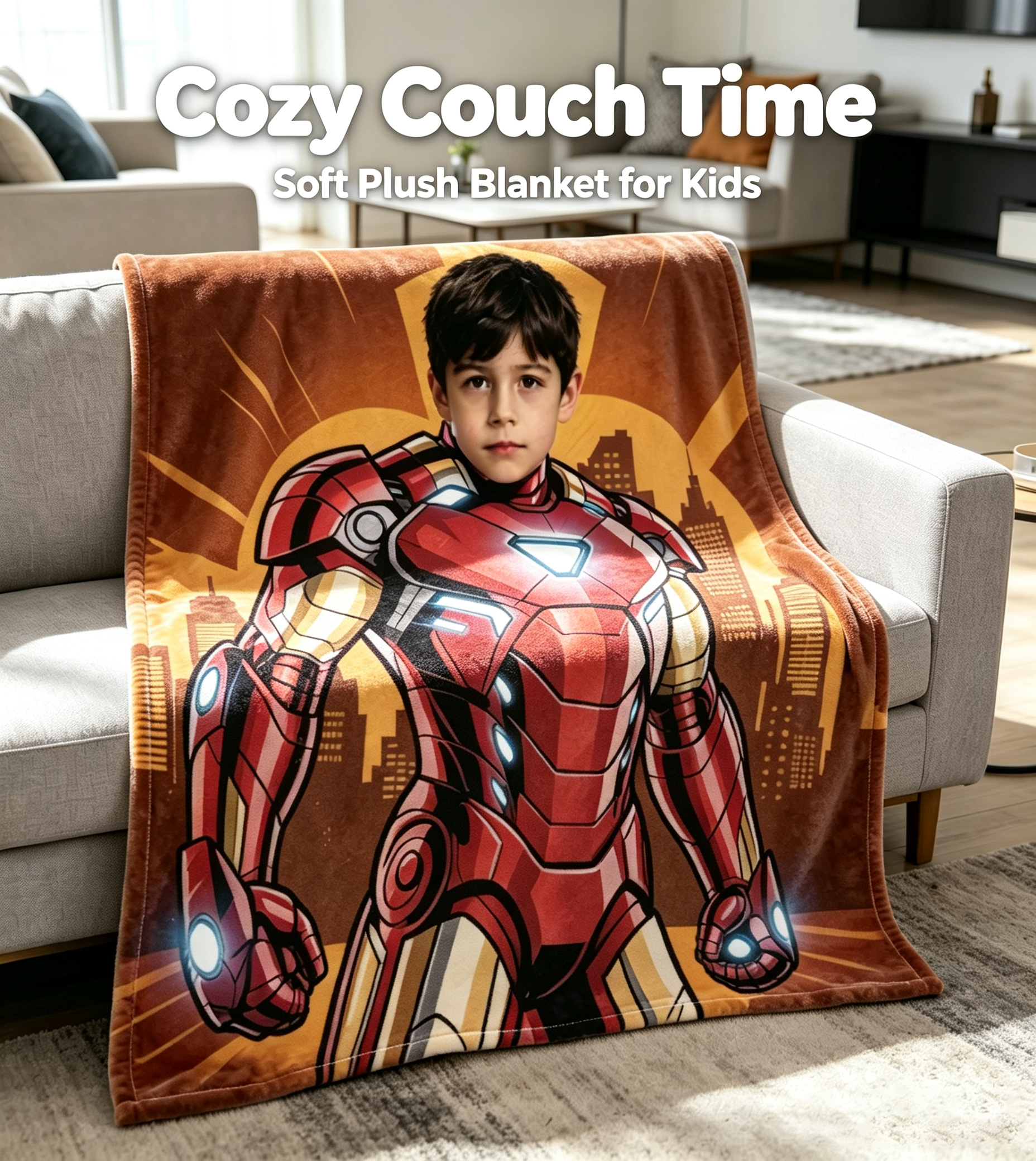 Custom Face Superhero Blanket for Boys, Personalized Soft Flannel Throw Blanket with Child Photo, Custom Hero Theme Birthday Christmas Gift for Kids