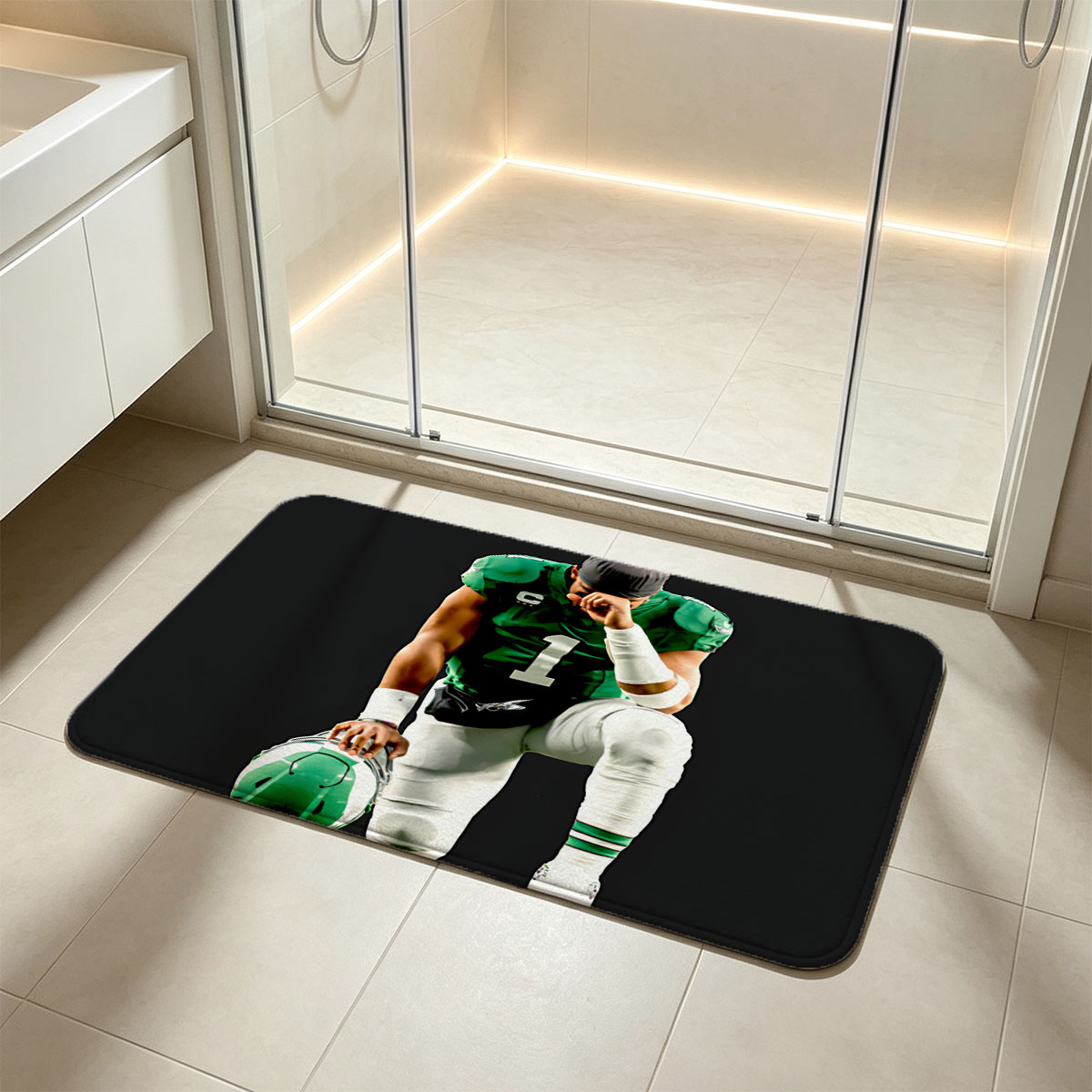 Quarterback in Green Jersey with Number 1, Holding Helmet, Kneeling Pose - Flannel floor mat
