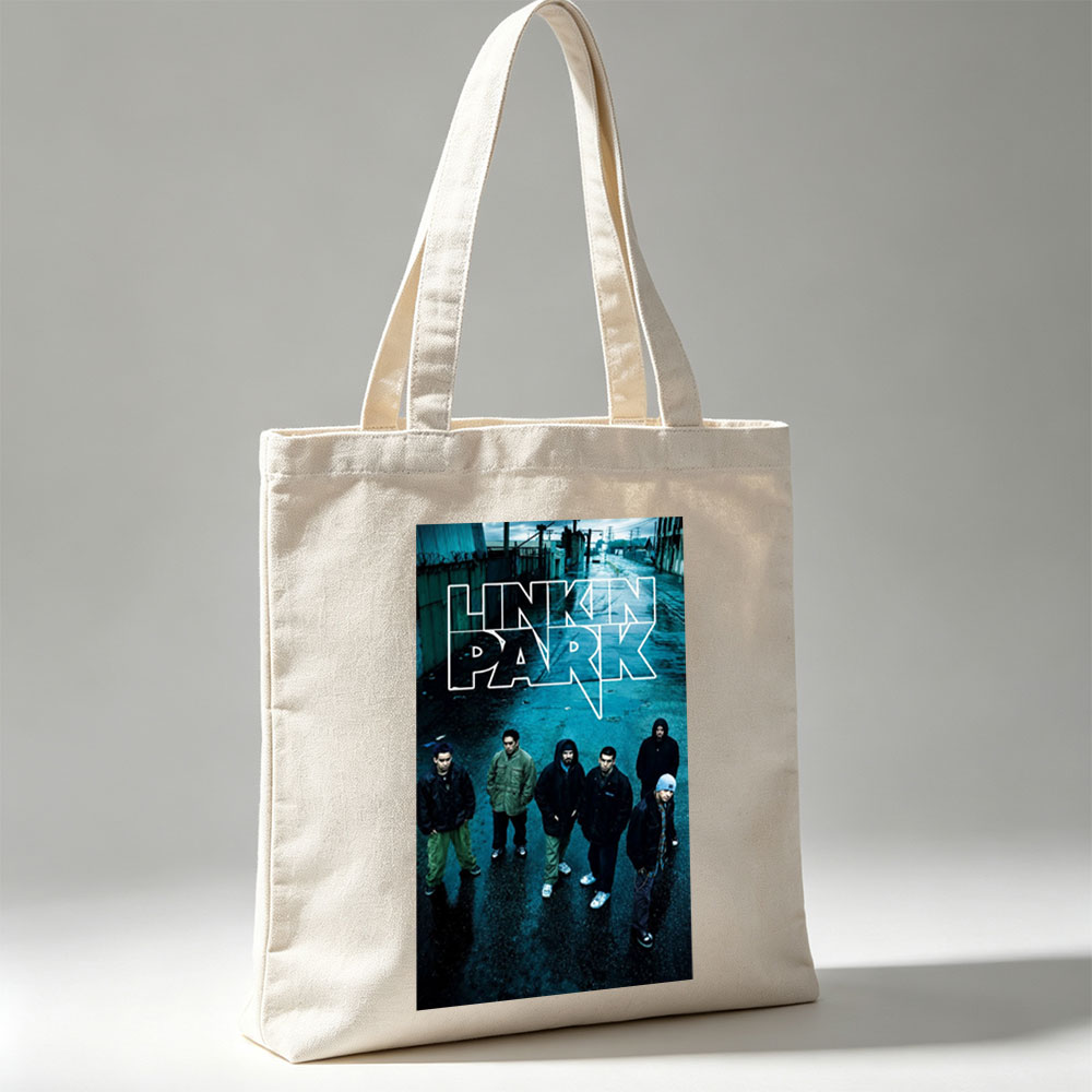 Linkin Park Band Standing in a Rainy Industrial Alleyway with Bold Logo Overlay - Canvas tote bags