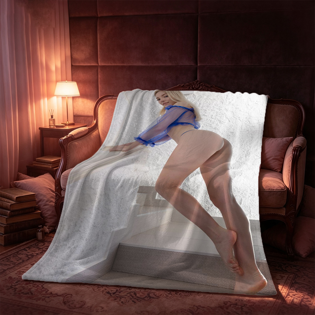 Nude Asian beauty in white stockings kneeling on bed by window - Blanket