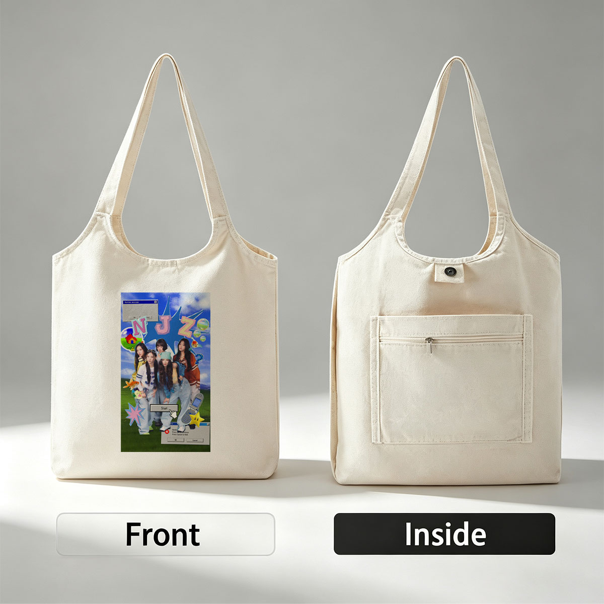NewJeans Group Photo with Retro Game Interface and Colorful Elements - Canvas shoulder bags/