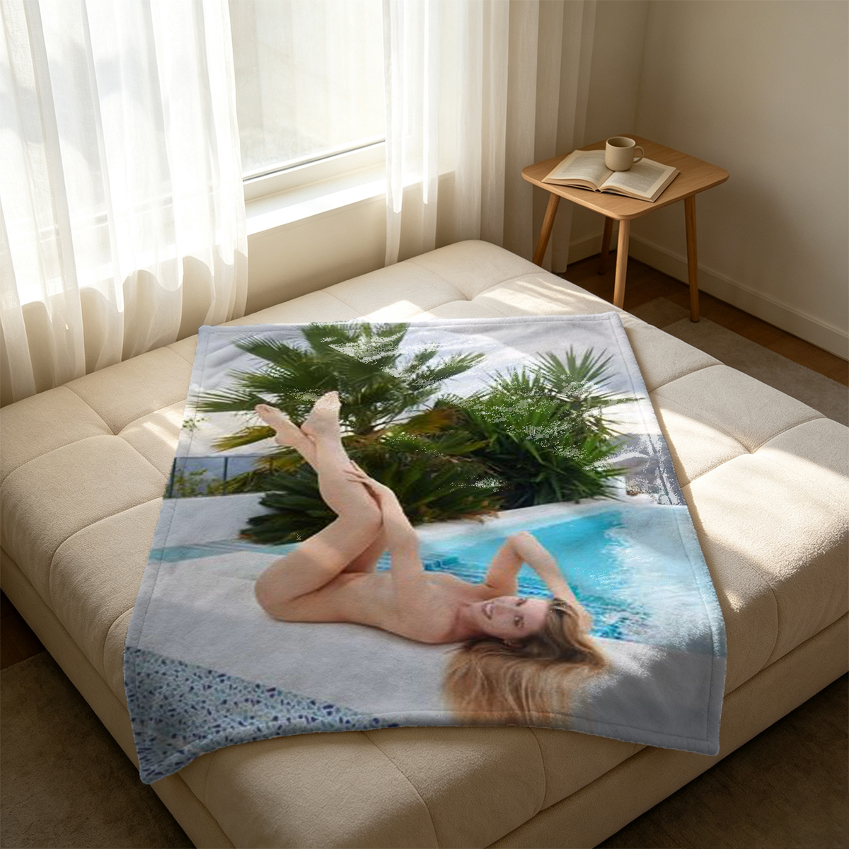 Nude Japanese girl lying on leather couch by window - Blanket