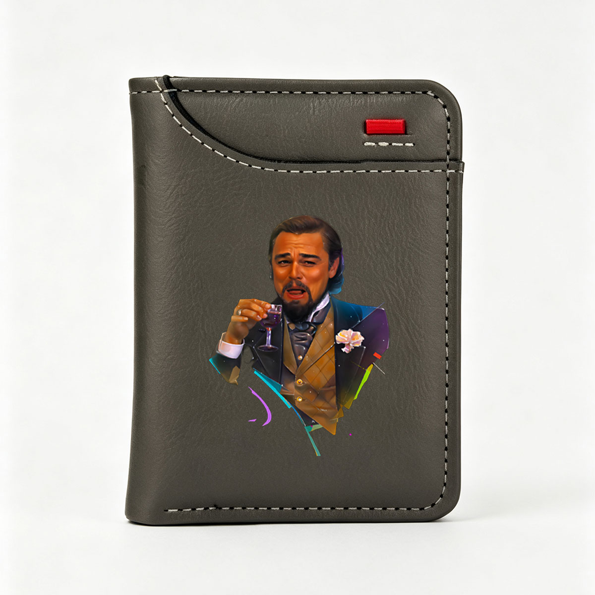 Leonardo DiCaprio in a stylish suit holding a wine glass, artistic portrait with vibrant colors and abstract elements - Vertical Style Wallet