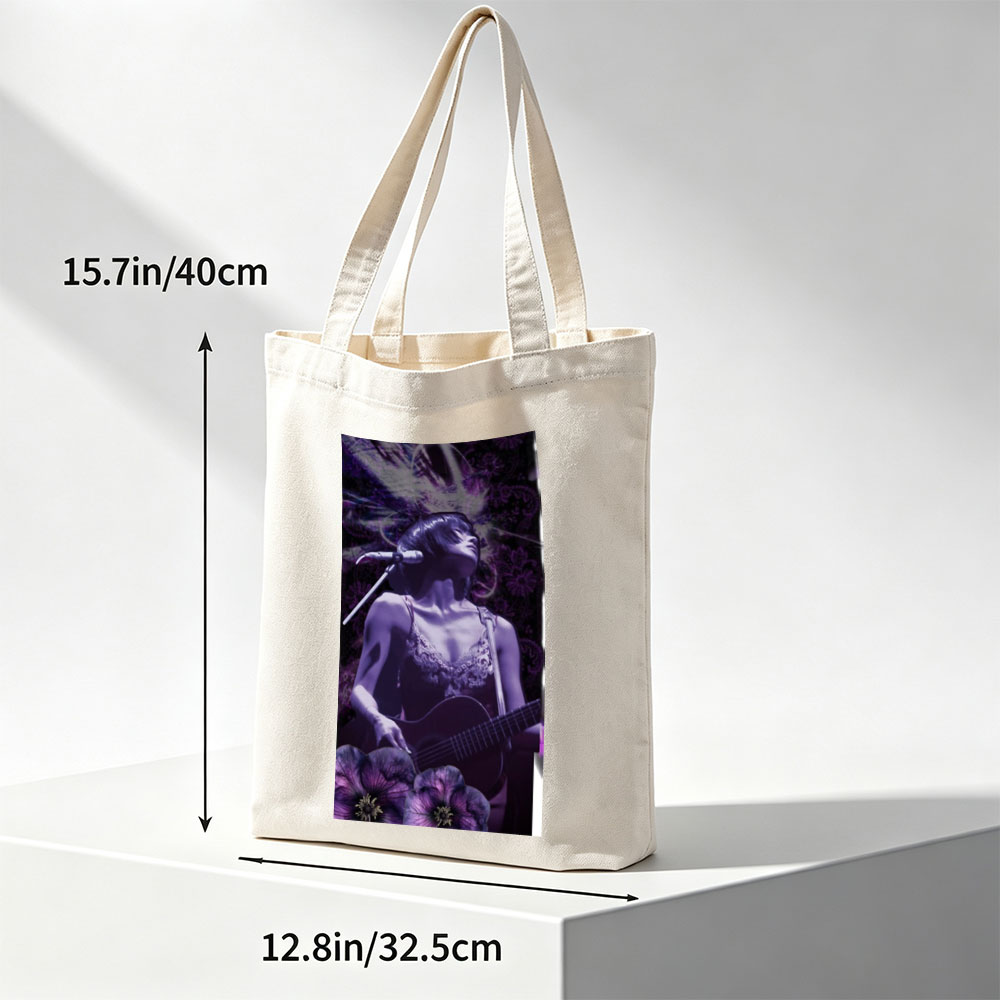 Bj?rk Performing with Guitar in Purple Floral Scene - Canvas tote bags