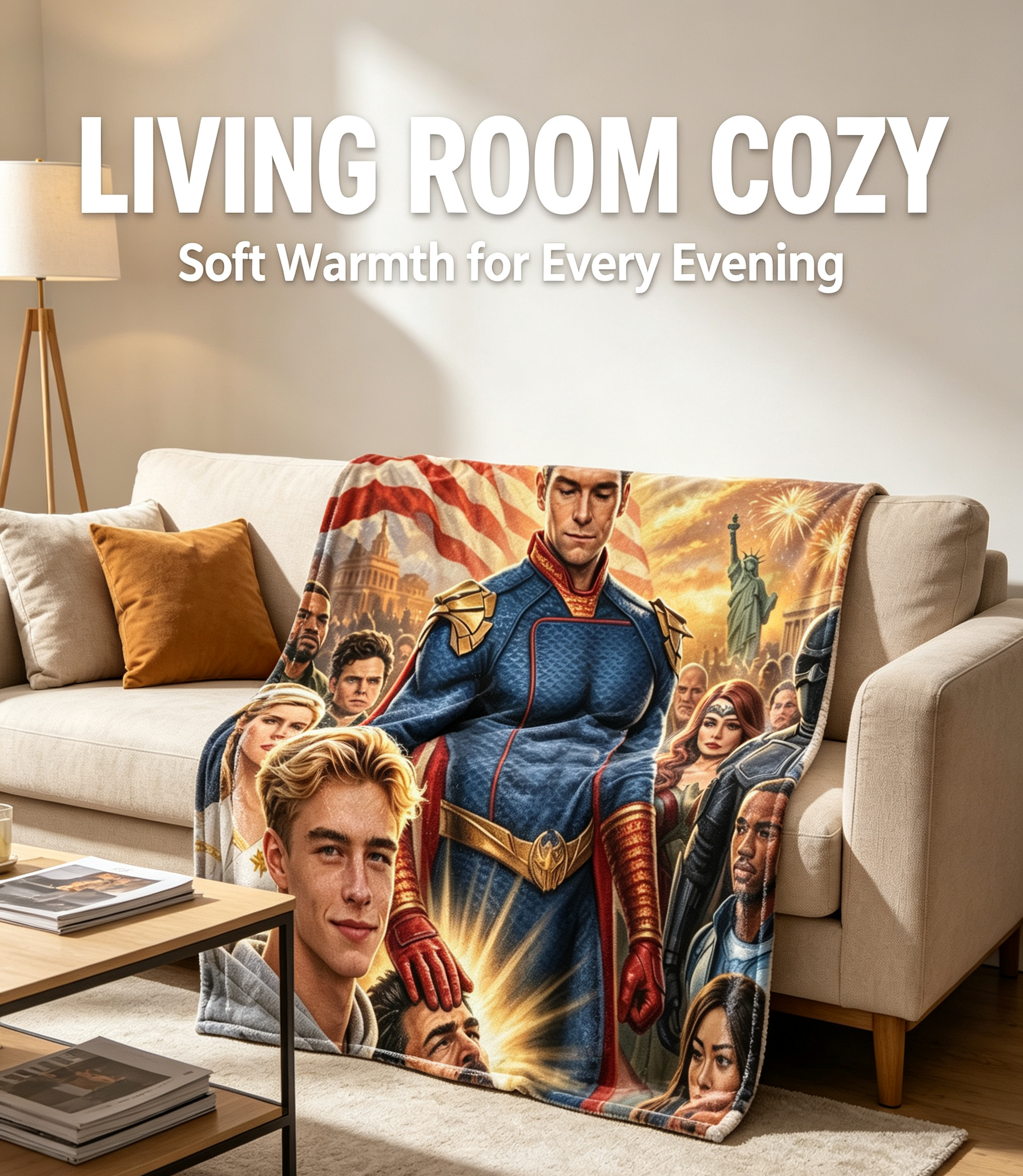 Custom Face Blanket Featuring Superhero Team with American Flag and Iconic Landmarks Flannel Blanket Perfect for Cozy Nights and Hero-Themed Gifts