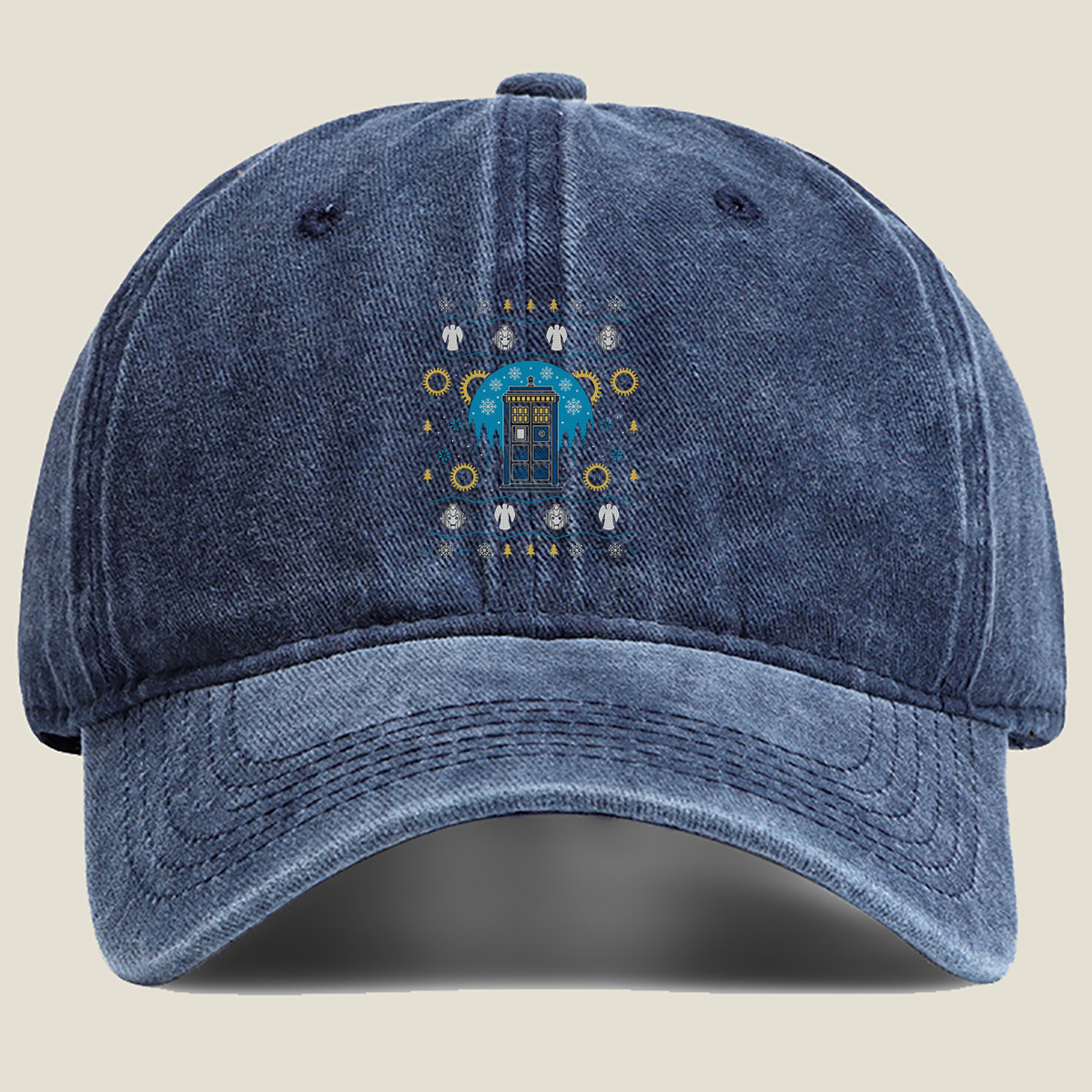 Doctor Who Christmas Sweater Design Featuring TARDIS, Weeping Angels, and Cybermen - Washed Denim - Baseball Cap