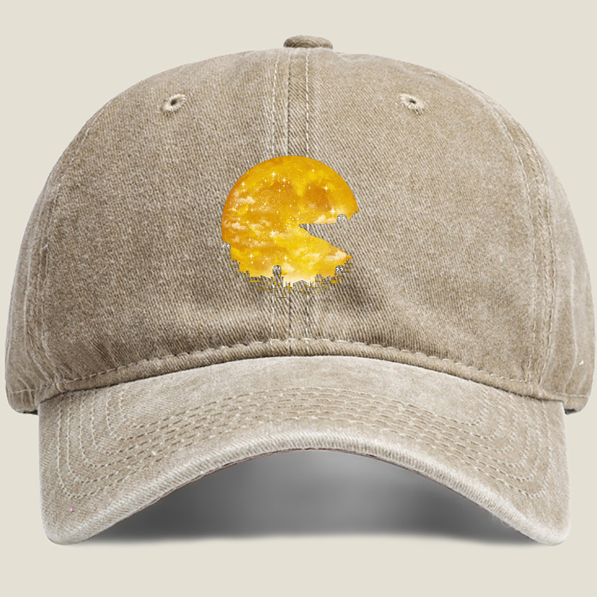 Pac-Man Cityscape Under the Moon - Washed Denim - Baseball Cap