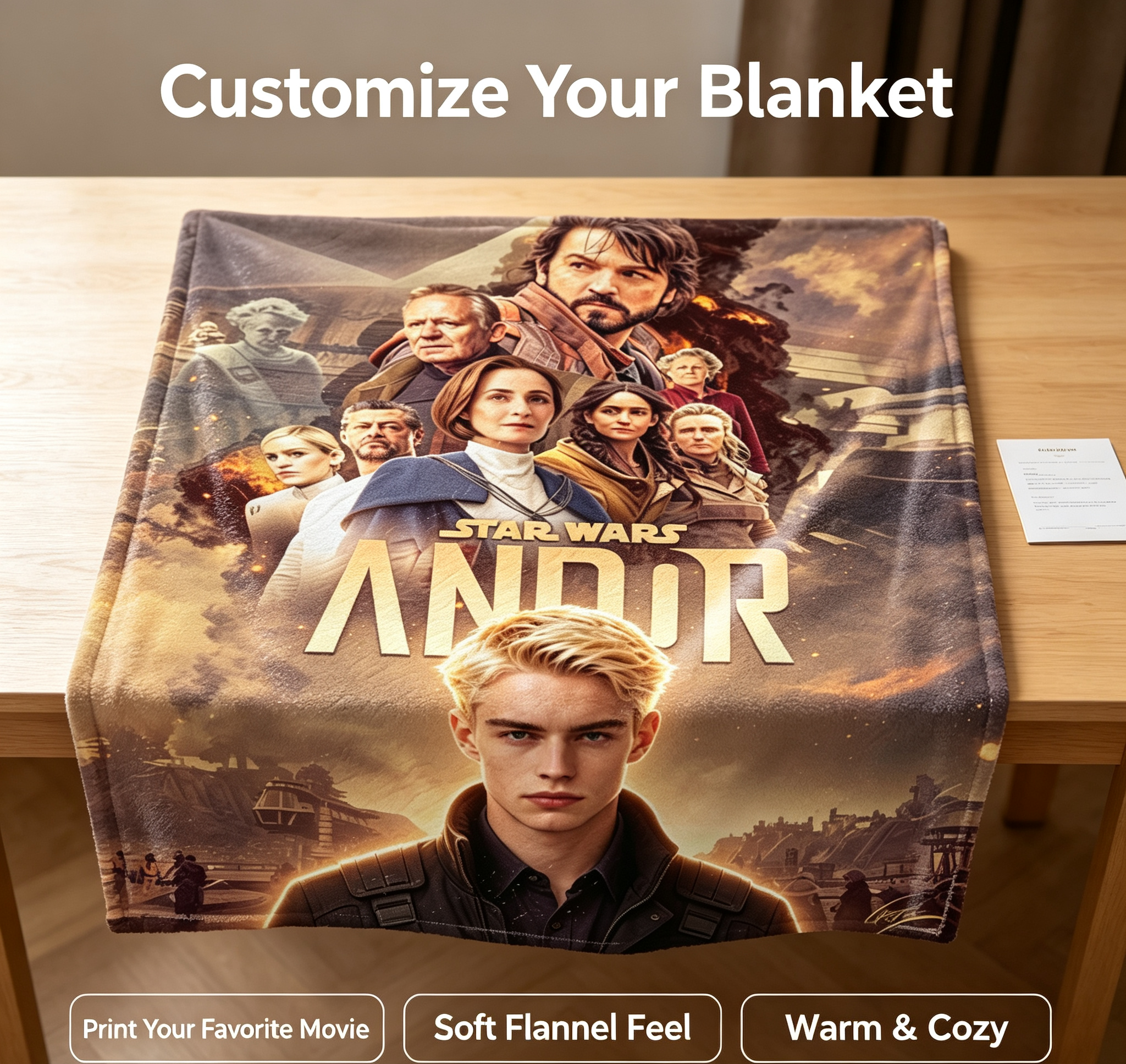 Custom Face Blanket Star Wars Andor Flannel Blanket Perfect for Fans of the Series Ideal for Couch Watching or as a Thoughtful Gift or Giveaway