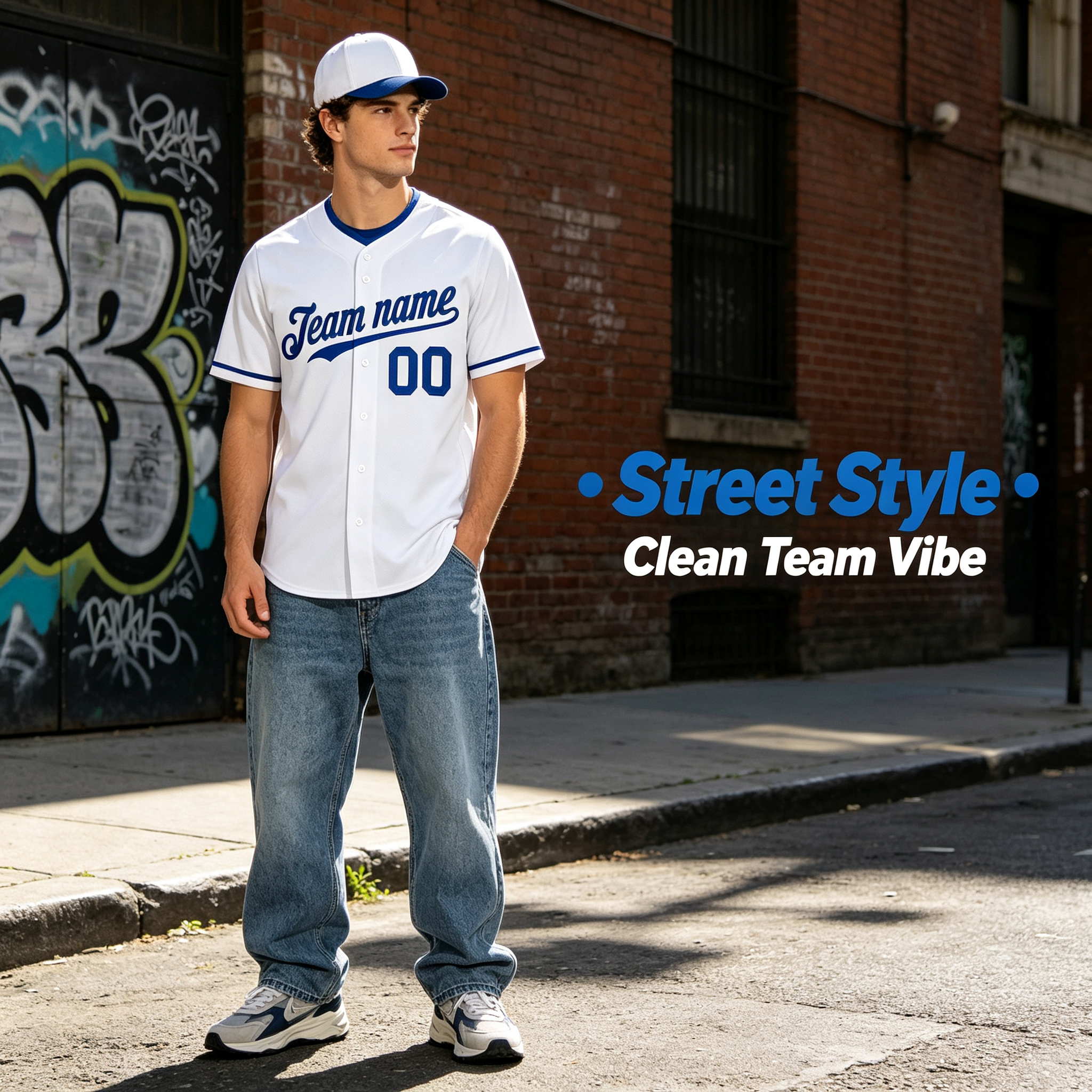 Custom Printed Kansas City Script Style Baseball Jersey White Royal Blue Trim Button Down Shirt for Men and Women