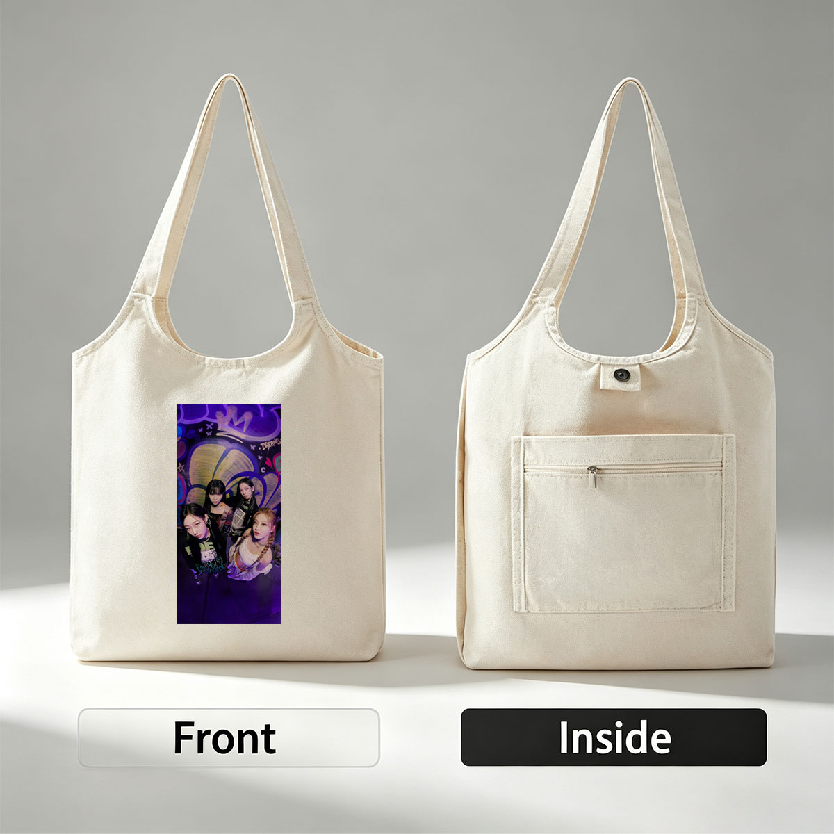 Aespa Members Pose in Vibrant Graffiti Room with Purple Lighting and Bold Streetwear Styles - Canvas shoulder bags/