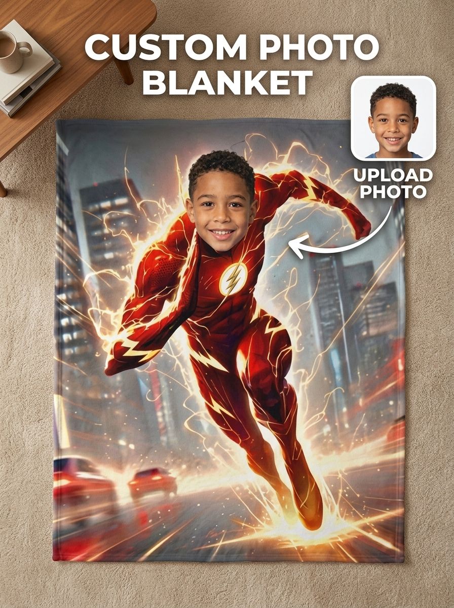 Personalized Superhero Face Photo Blanket Custom Flannel Fleece Throw Soft Skin Friendly Bed Couch Gift for Kids