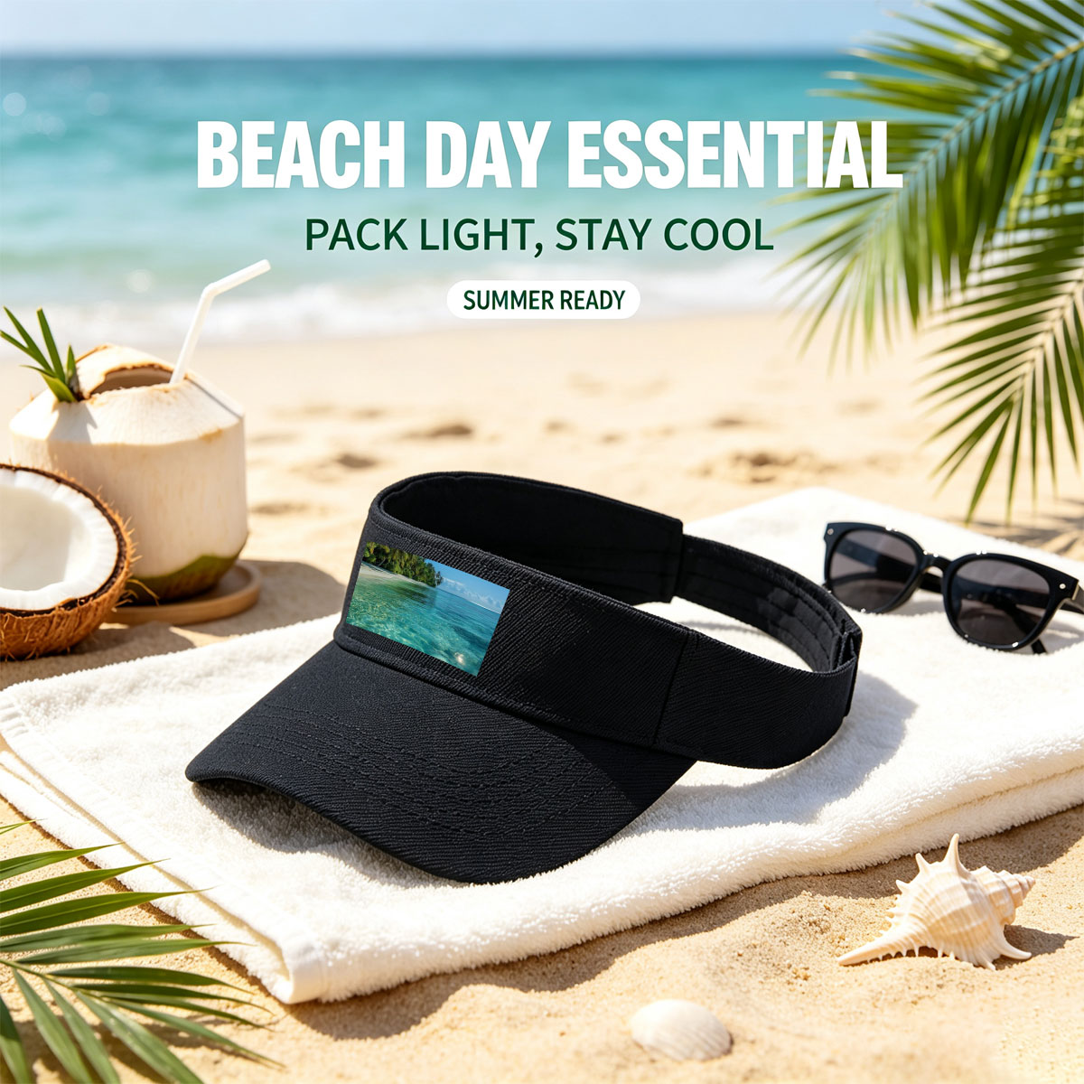 Crystal-clear turquoise waters meet a pristine white sand beach lined with lush palm trees under a bright blue sky. -  Visor cap