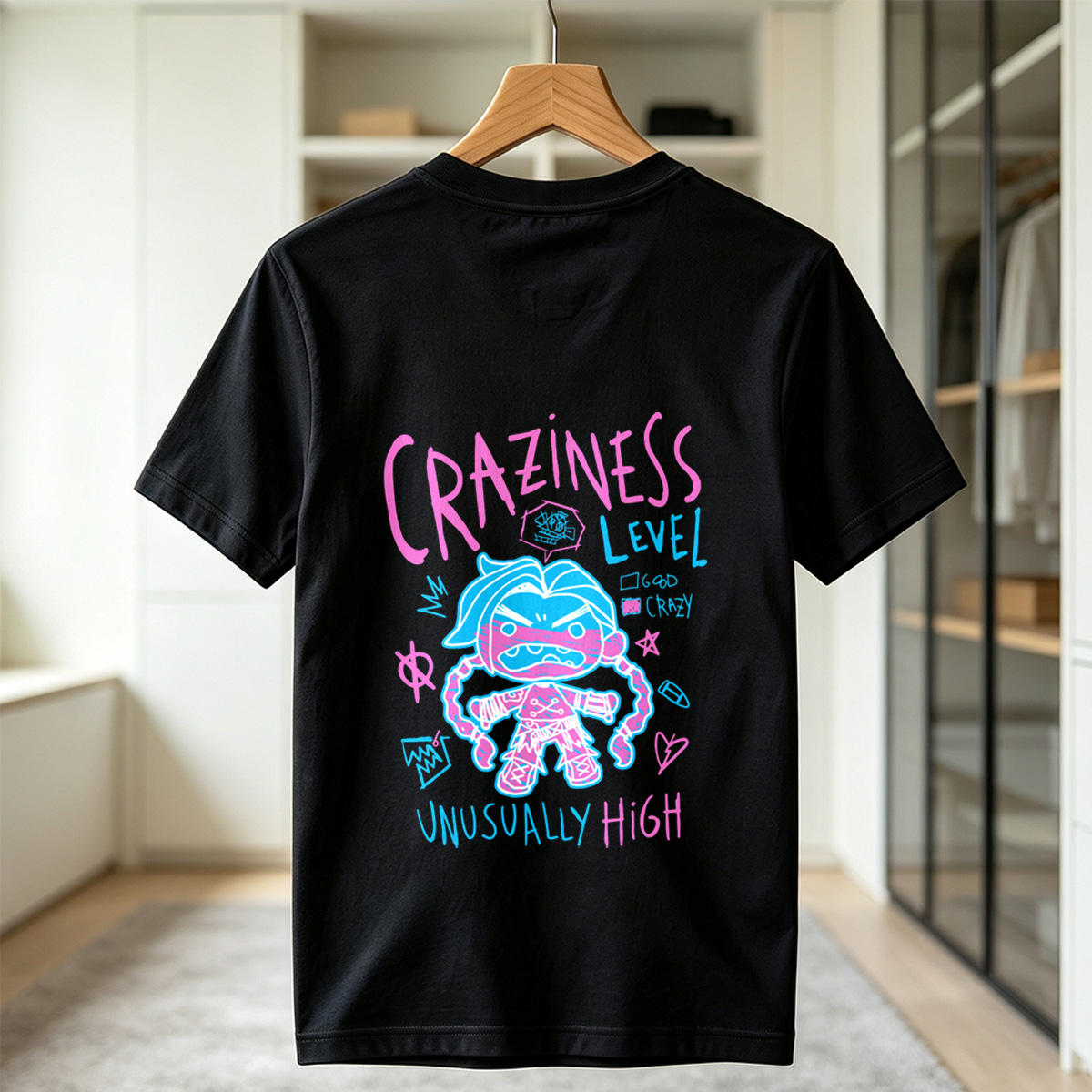 Craziness Level: Unusually High - Blue Character with Pink Accents - Tee