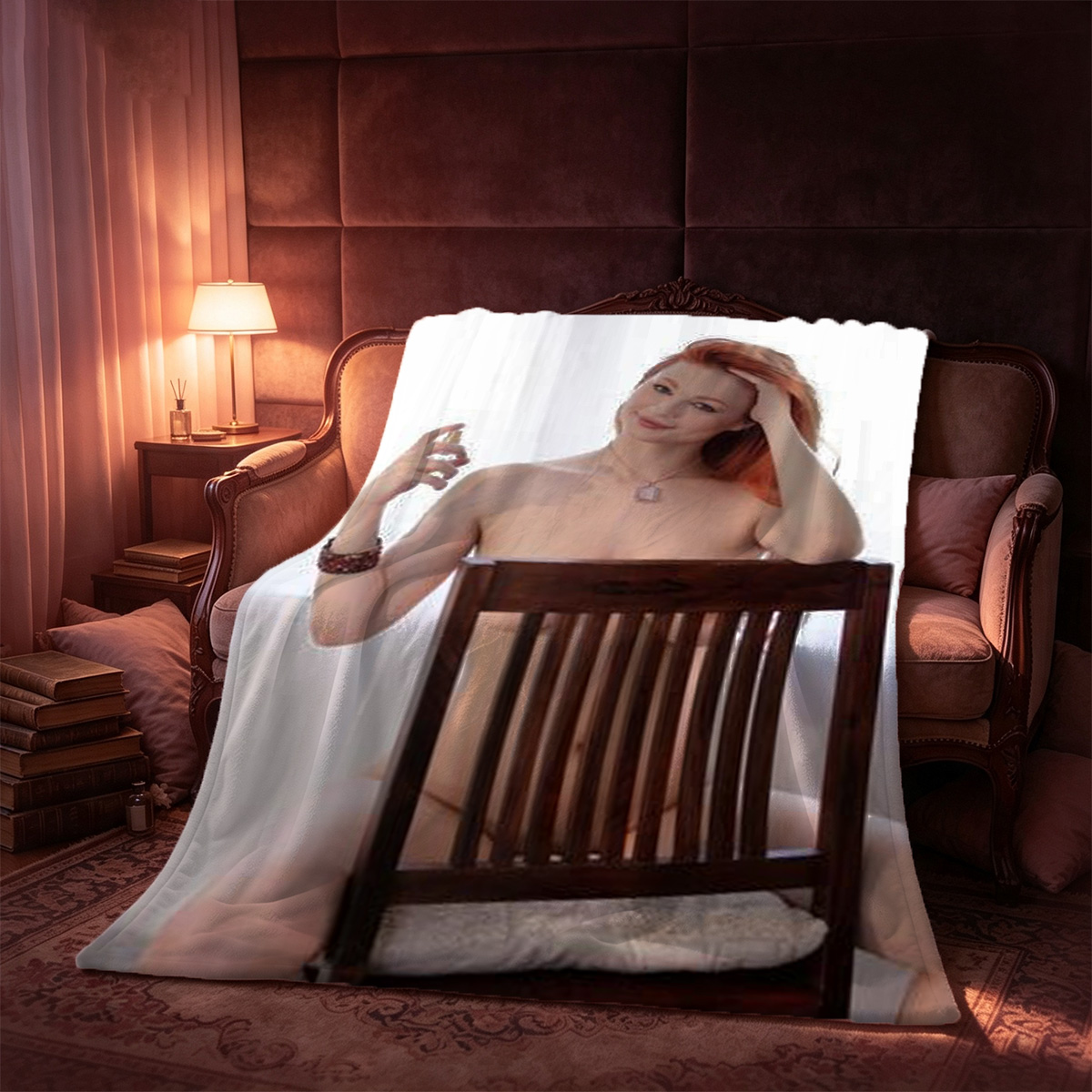 Nude woman with eyes closed and head tilted back in ecstasy. - Blanket