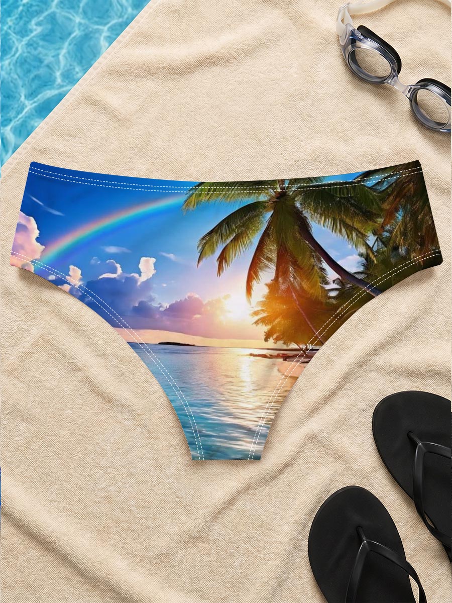 Tropical Beach with Rainbow and Palm Trees at Sunset -  Men's swim trunks