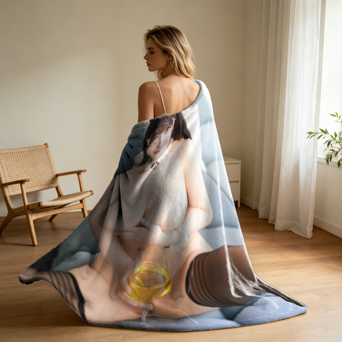 A woman in blue shorts using a breast pump on a glass table. - Blanket