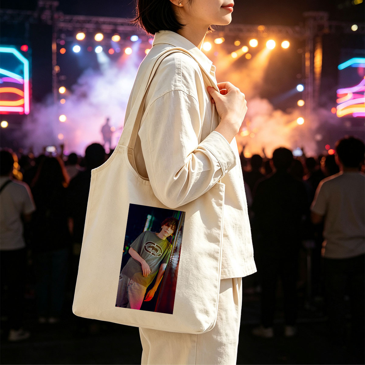 Miyavi in Urban Night Scene Wearing Olive Green T-Shirt with Bear Logo and Distressed Jeans - Canvas shoulder bags/