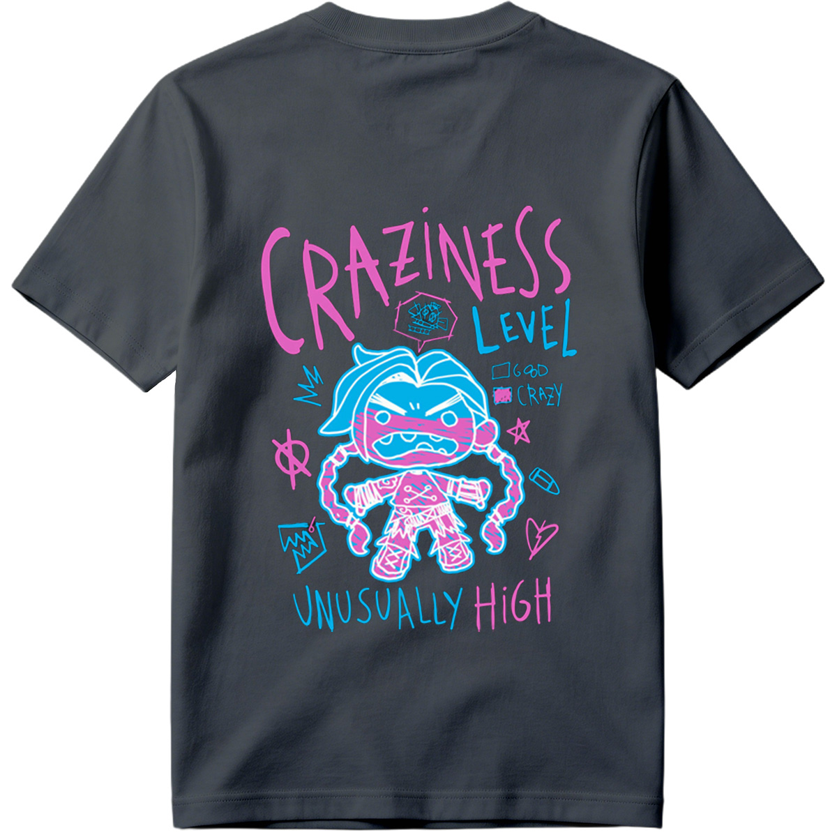 Craziness Level: Unusually High - Blue Character with Pink Accents - Tee