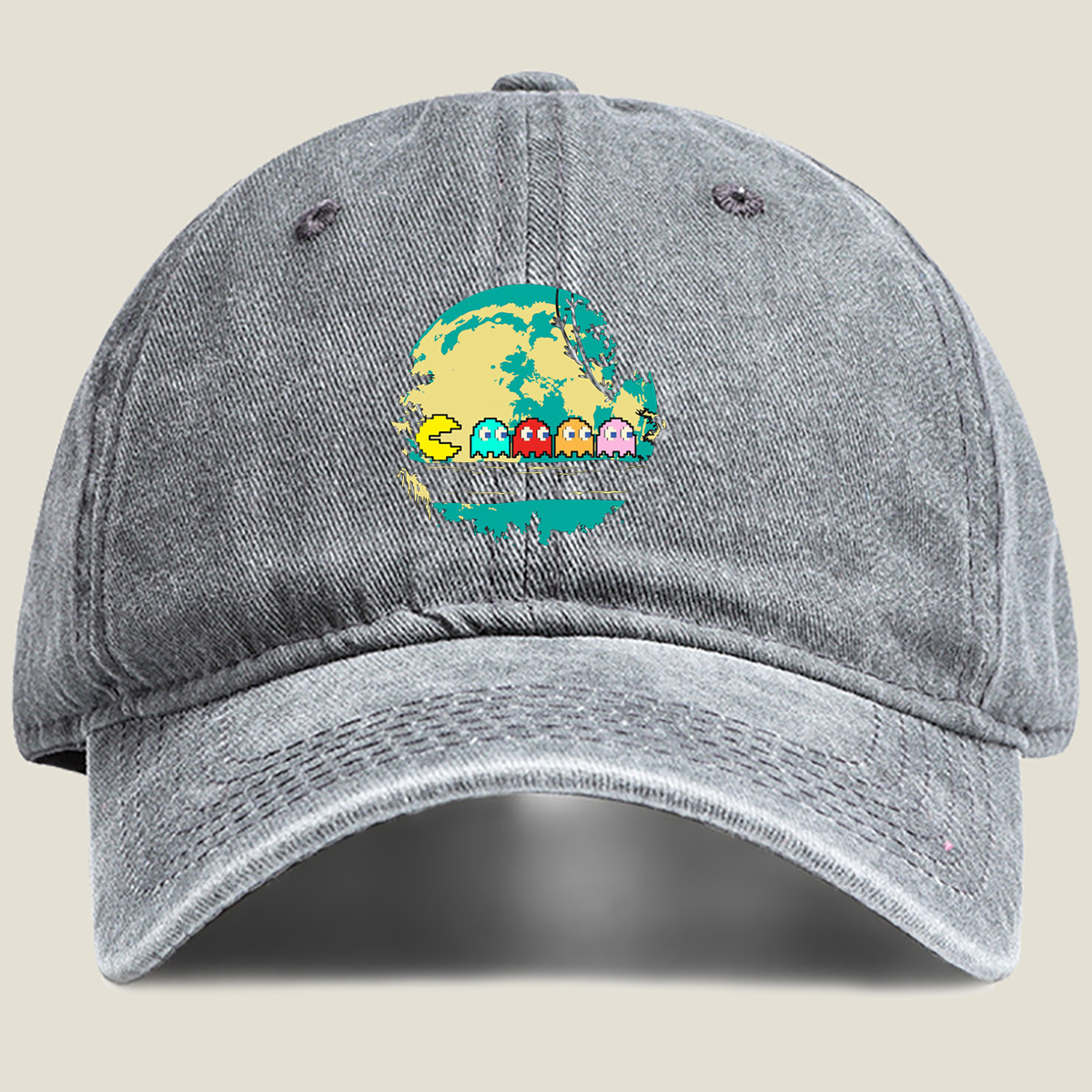 Pac-Man and Ghosts Under the Moon - Washed Denim - Baseball Cap