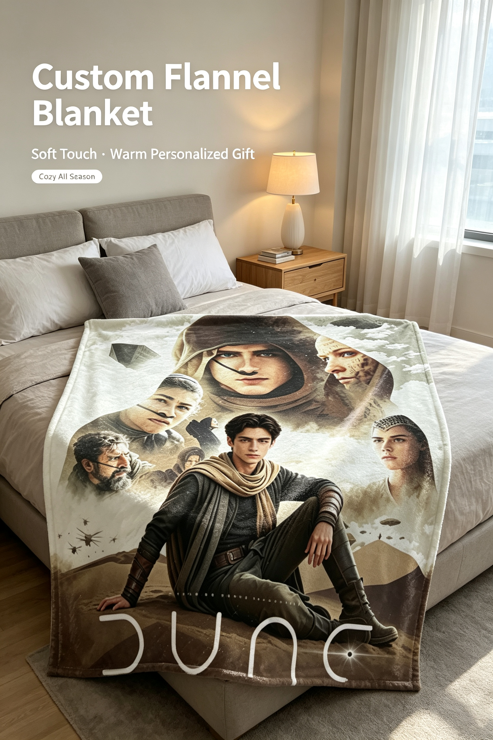 Custom Face Blanket Dune Part Two Flannel Blanket Movie Character Portrait Cozy Throw Blanket for Fans Home Decor Gift or Giveaway