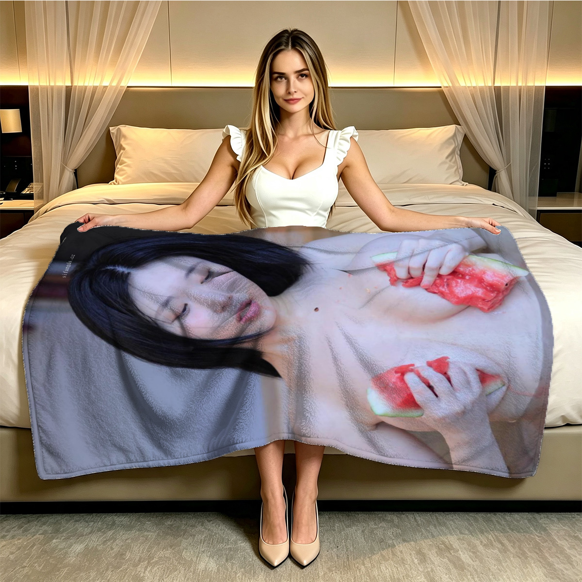 Red Lingerie Seduction on Bed - Blanket