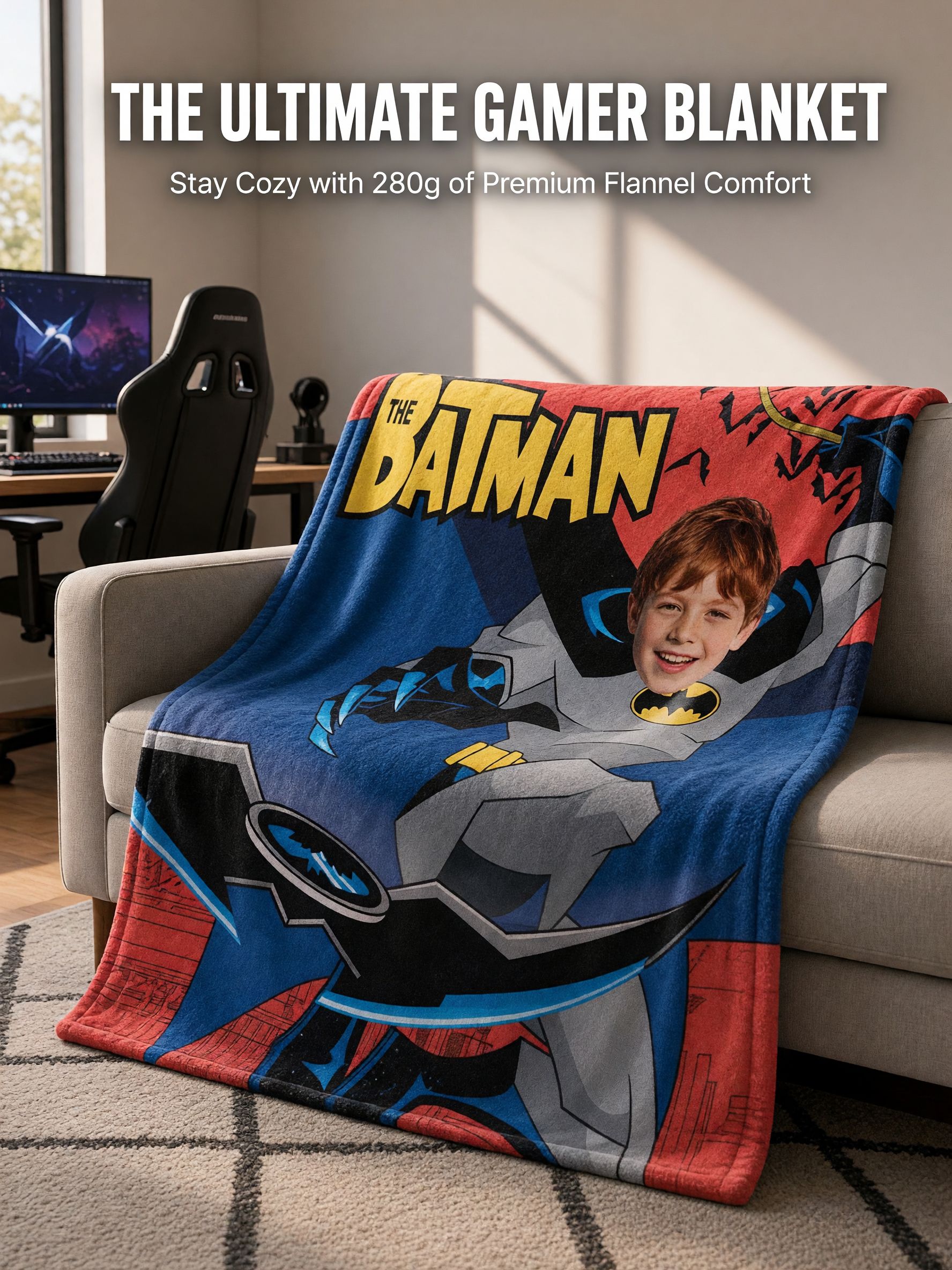 Personalized Face Superhero Flannel Blanket, Ultra Soft Anti-Pilling Throw, Ideal Custom Gift for Kids and Comic Fans
