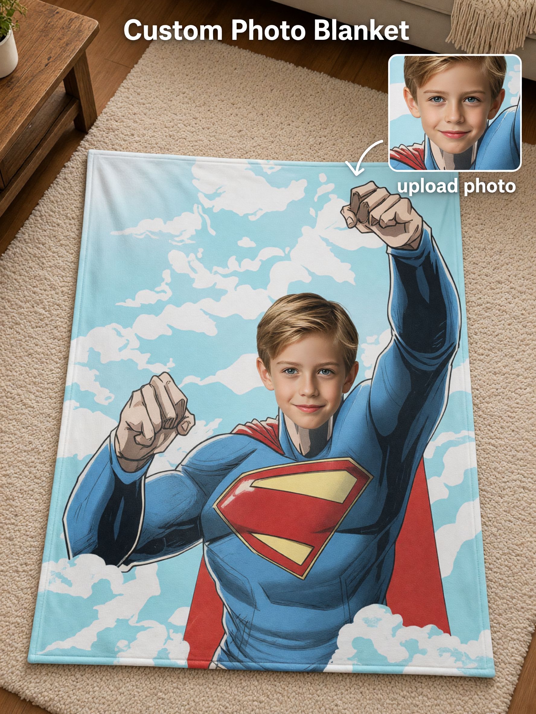 Custom Superhero Photo Face Blanket, Personalized Ultra-Soft Flannel Fleece Throw for Bed Couch Cozy Gift