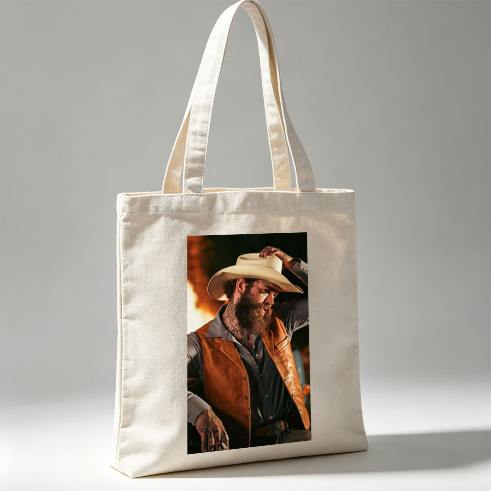 Post Malone in Cowboy Outfit Holding Hat with Fiery Background - Canvas tote bags