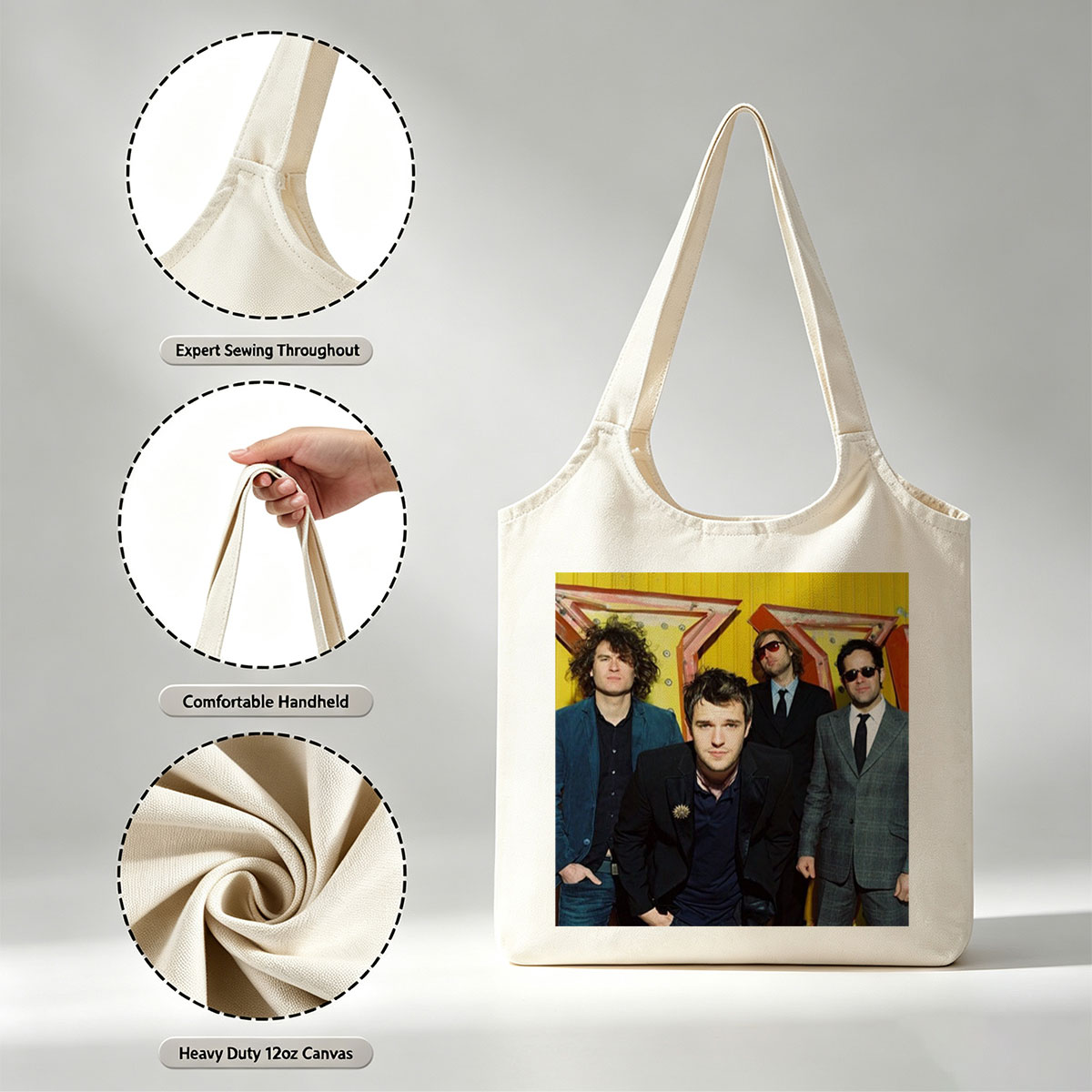 The Killers Band Members in Formal Wear Against a Vibrant Yellow Background - Canvas shoulder bags/