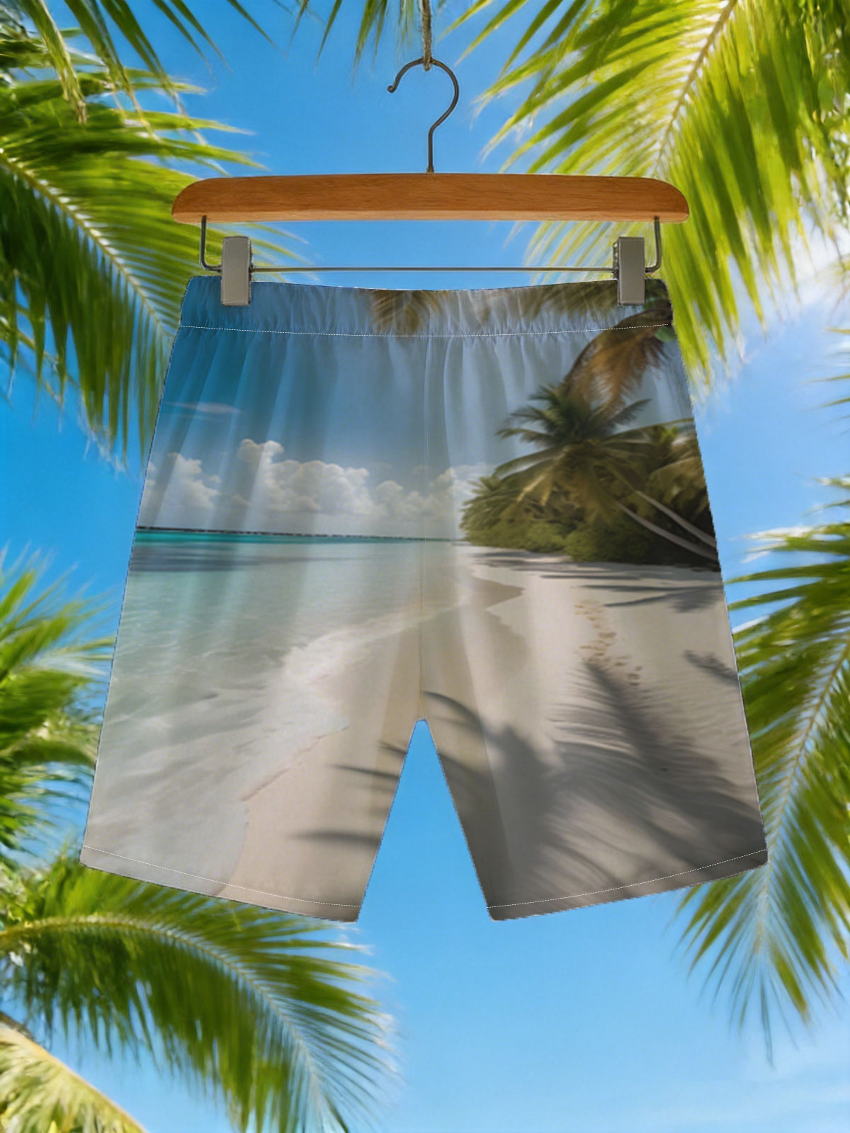 Tropical Beach with Palm Shadows and Crystal Clear Water -  Beach shorts