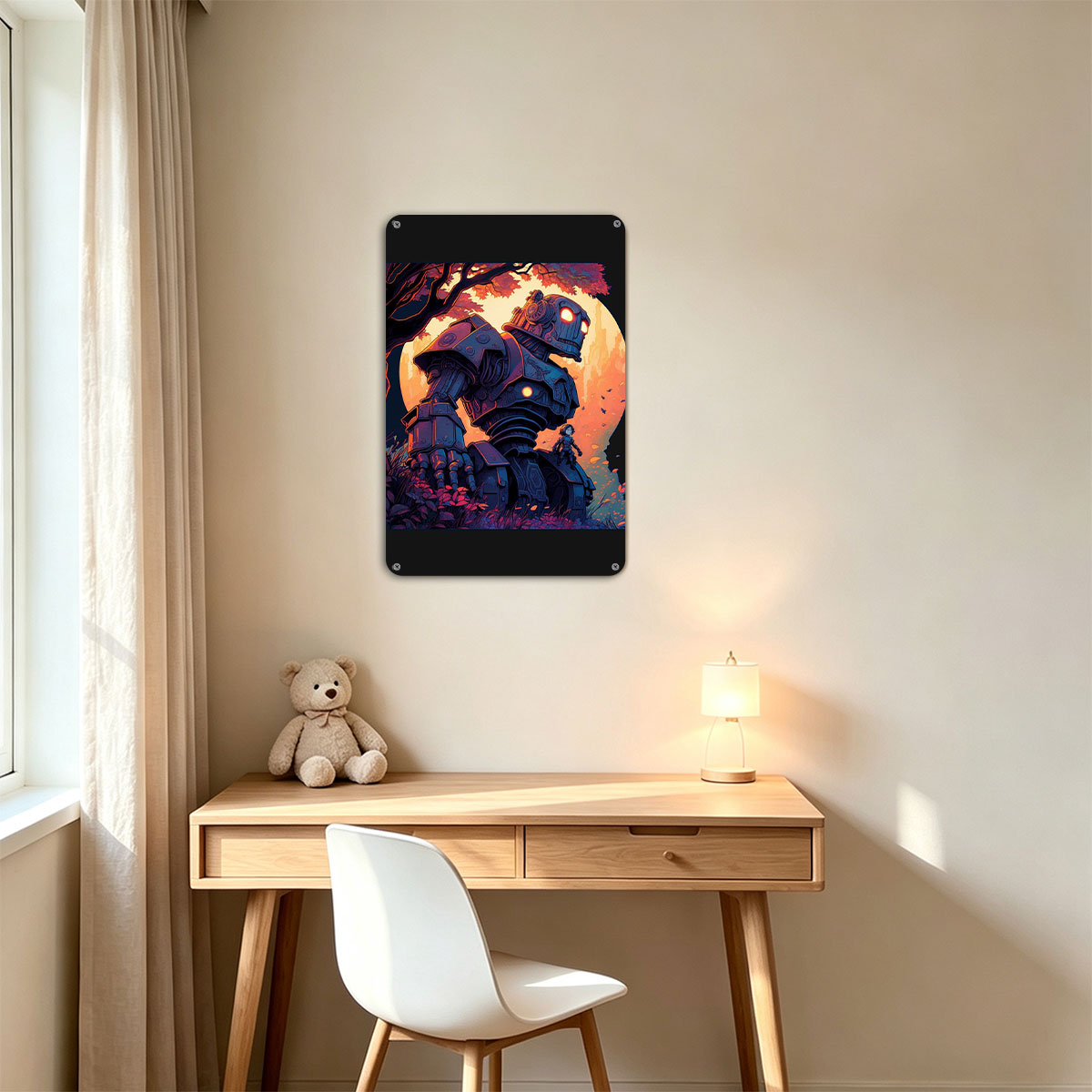 Giant Robot and Child in Autumn Forest at Sunset - painting