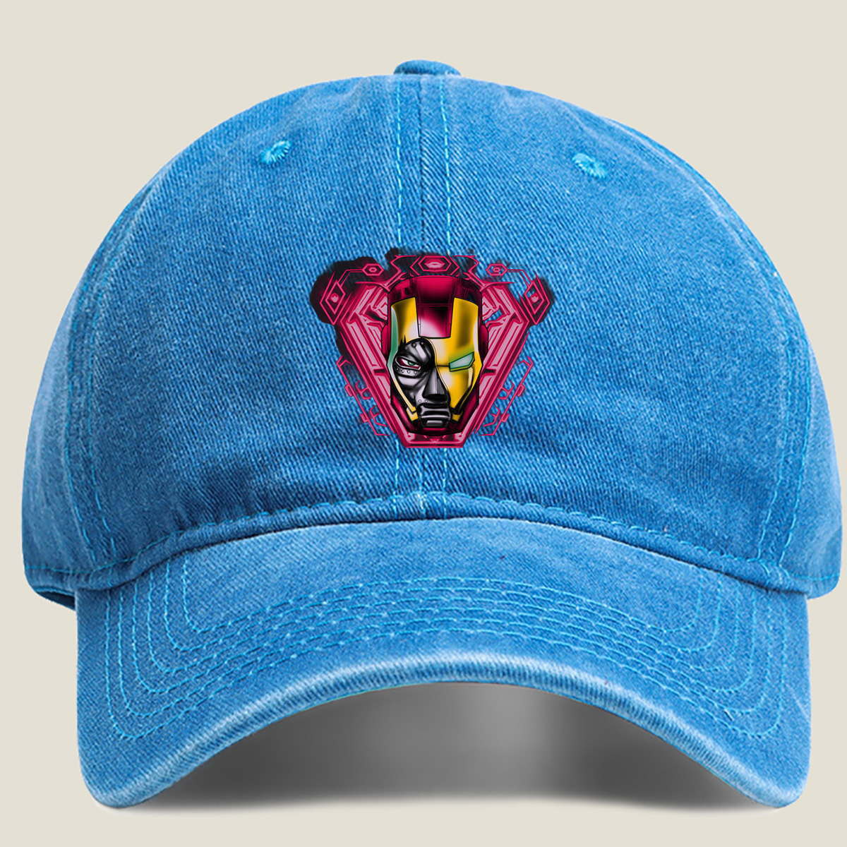 Iron Man and Black Panther Fusion Helmet Design - Washed Denim - Baseball Cap