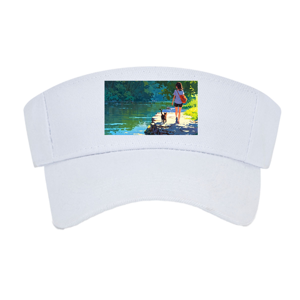 Girl and cat walking by a serene lakeside path -  Visor cap