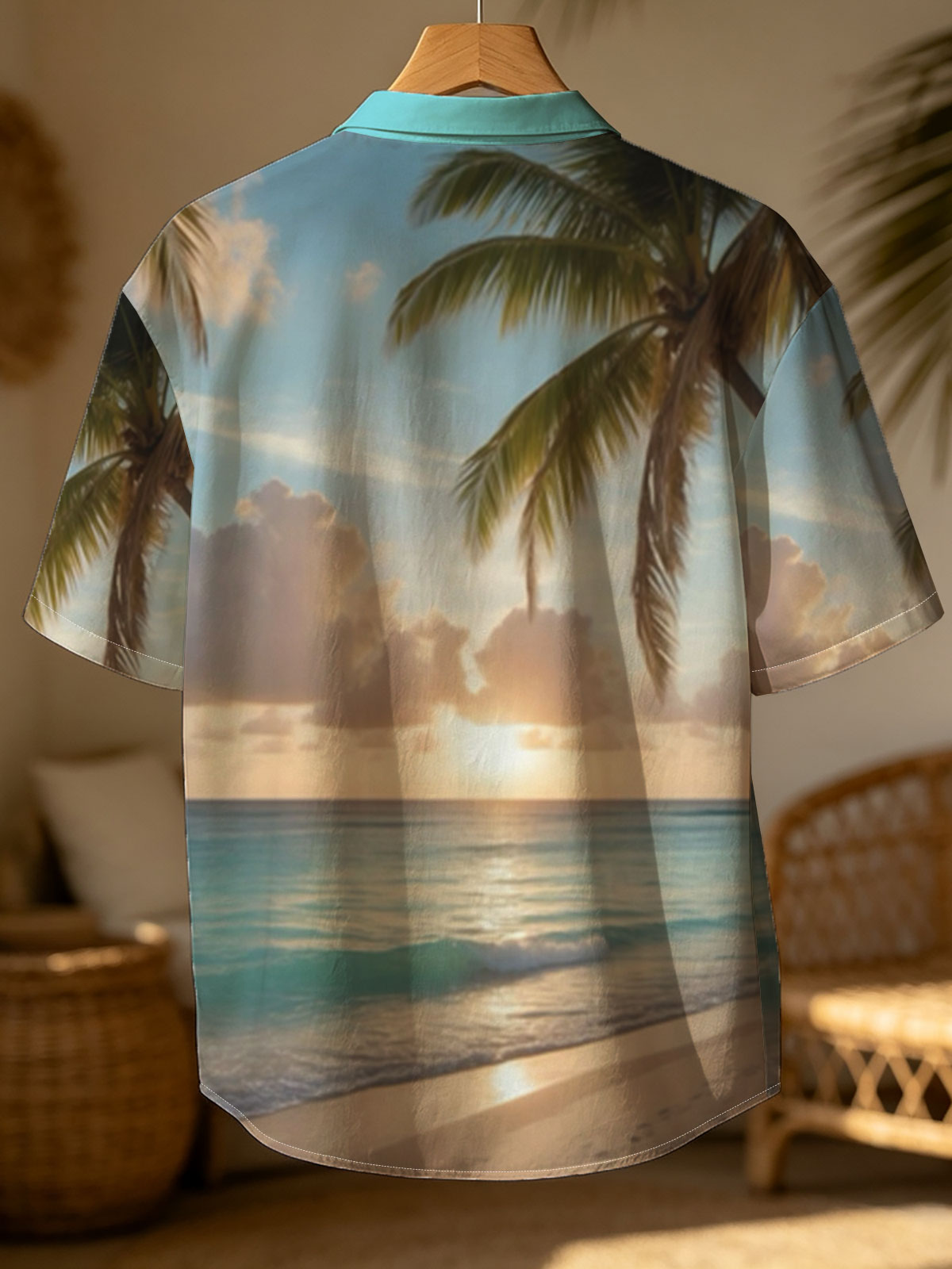Sunset on a tropical beach with palm trees and calm ocean waves. -  Shirt