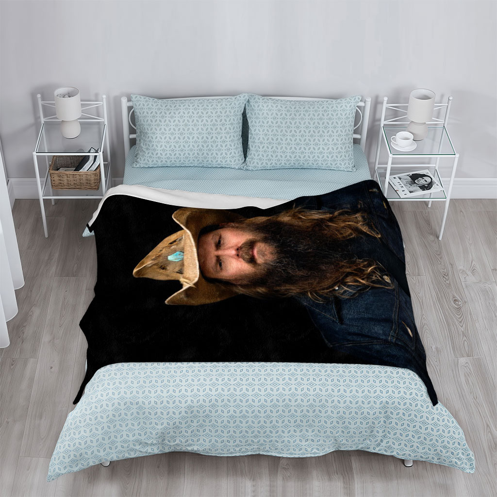 Chris Stapleton in Cowboy Hat and Denim Jacket with Long Beard on Black Background - Blankets
