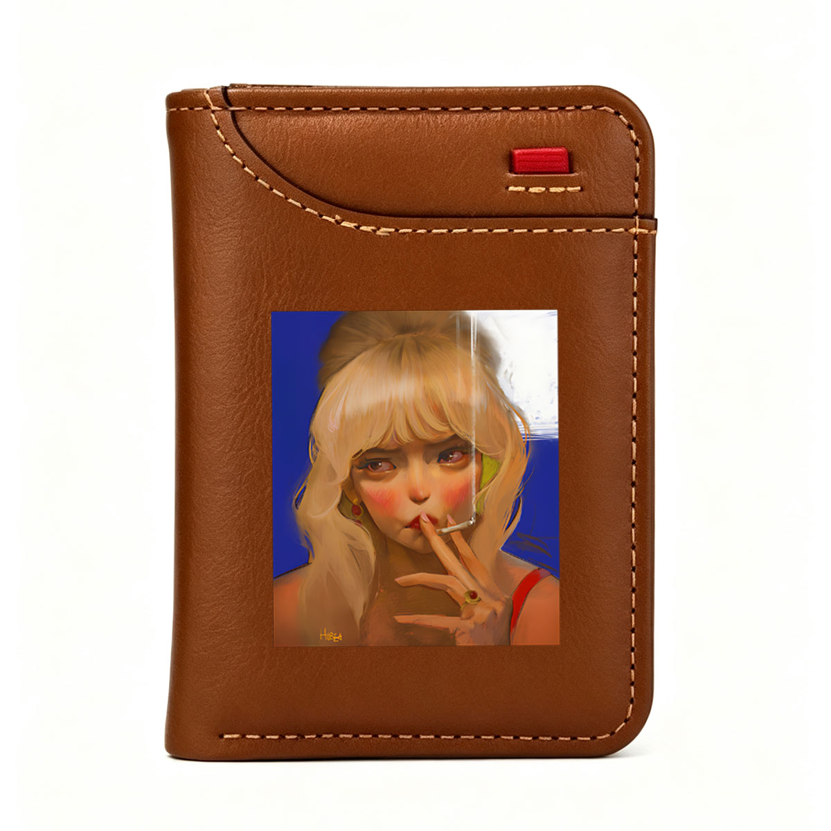 Blonde Woman Smoking Cigarette with Red Earrings and Ring - Vertical Style Wallet