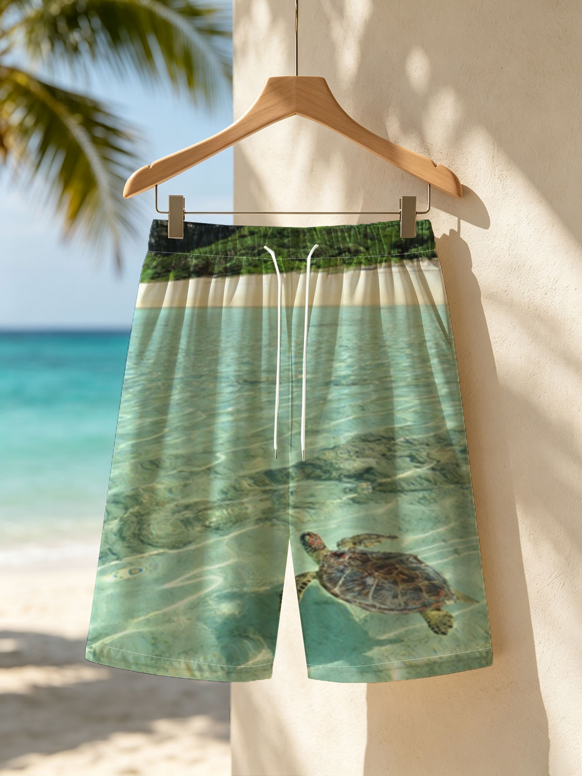 Sea Turtle Swimming in Crystal Clear Waters Near Sandy Beach -  Beach shorts