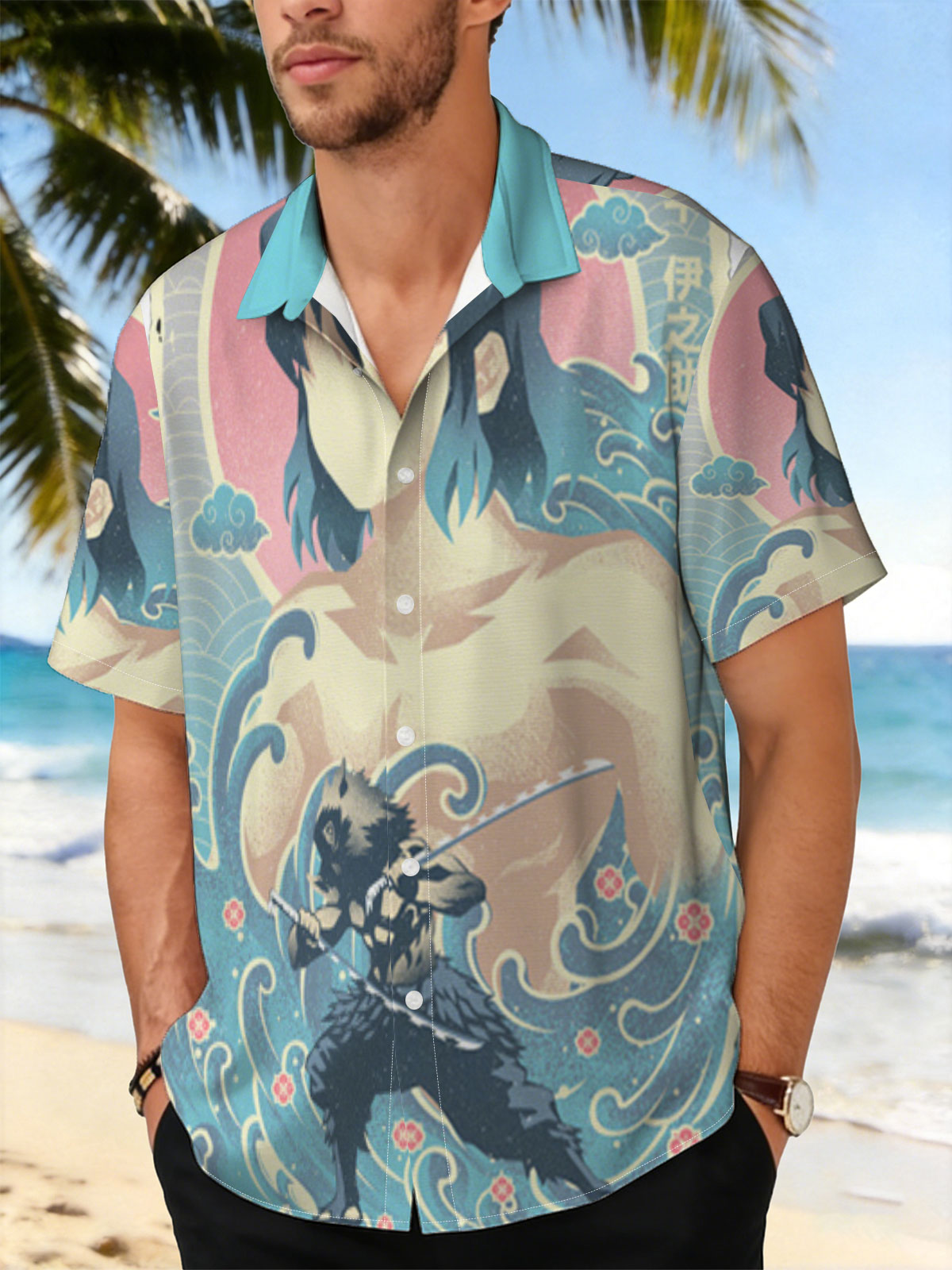 Inosuke Hashibira from Demon Slayer: Kimetsu no Yaiba, depicted in a dynamic pose with his twin swords, set against a stylized wave and sun background. -  Shirt