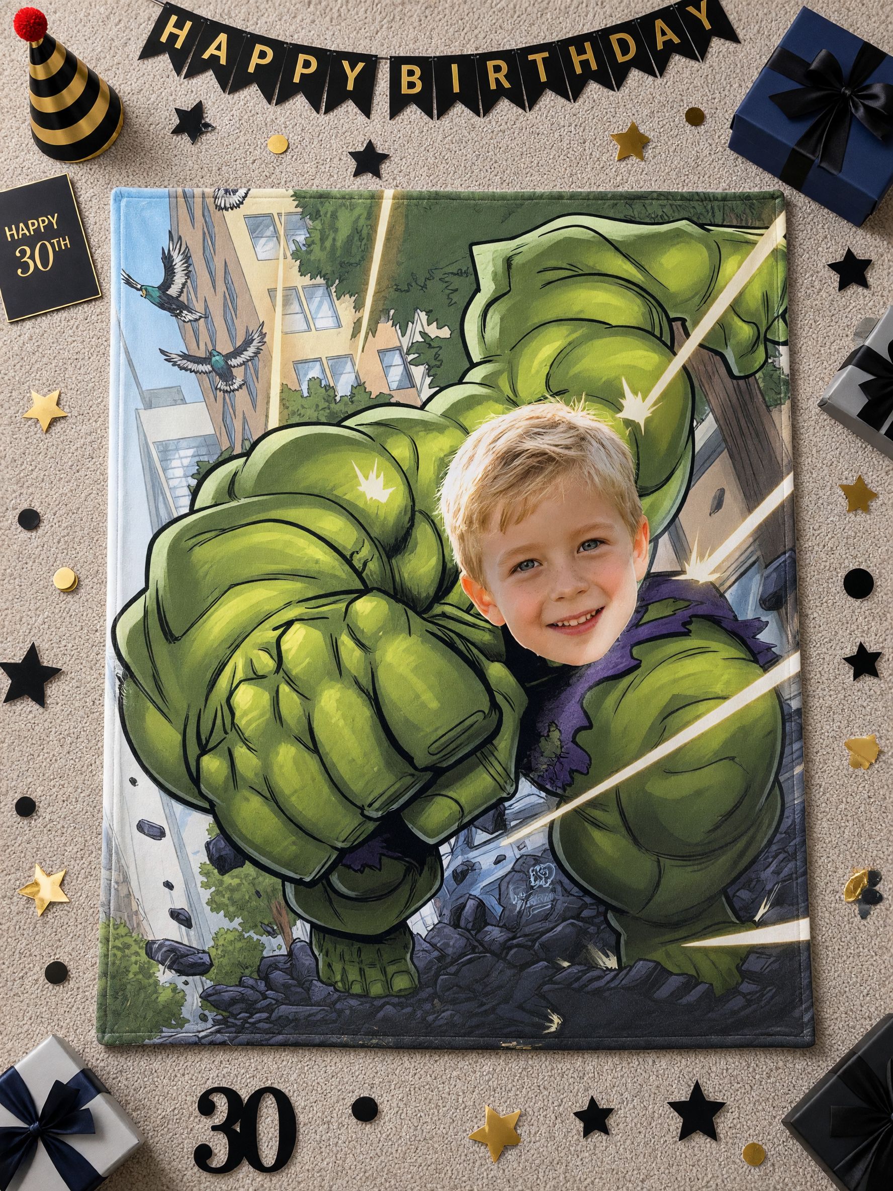 Custom Face Superhero Blanket, Personalized Green Hero Comic Photo Flannel Throw for Kids, Ideal Cozy Gift