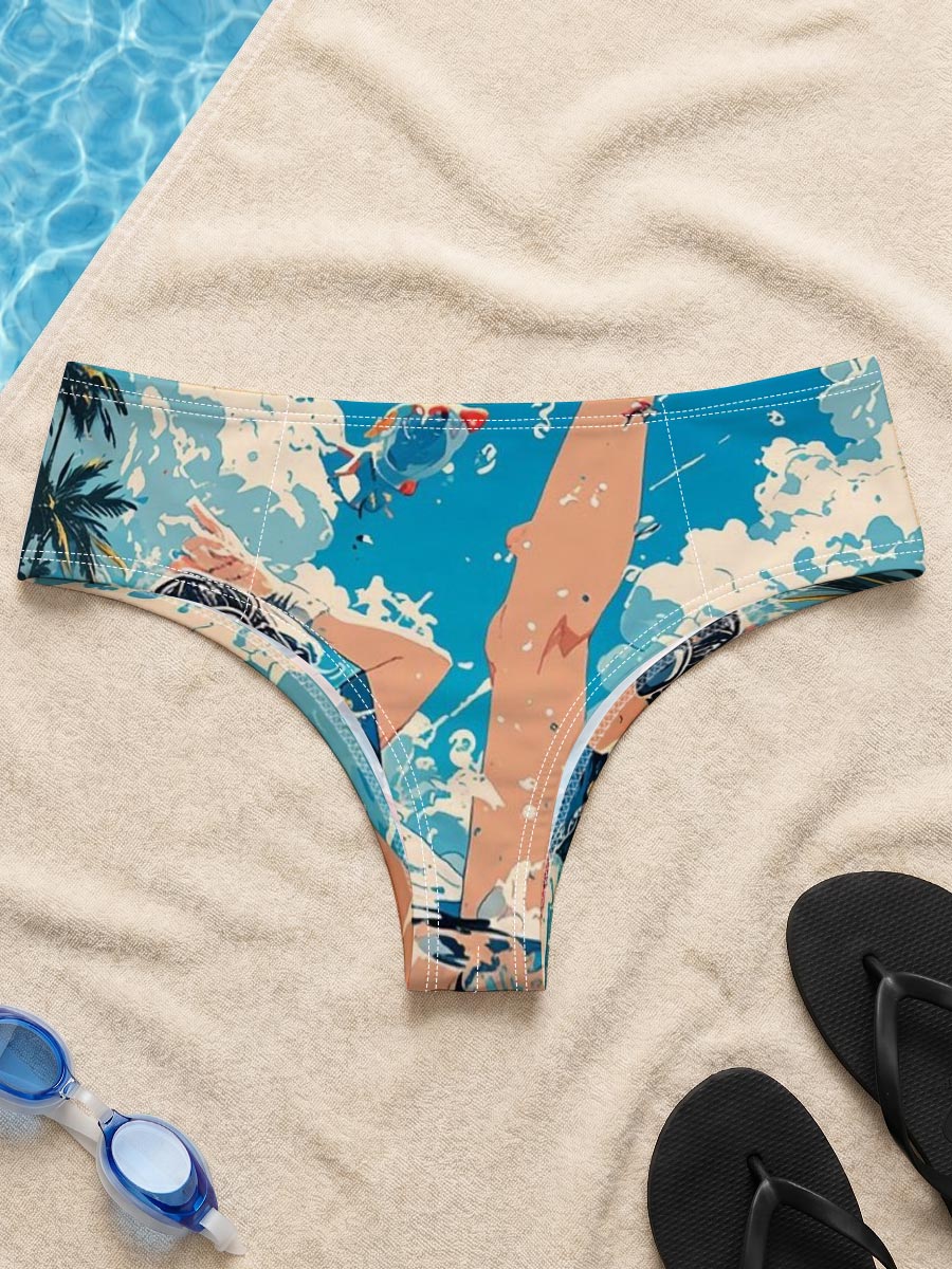 Girl floating in water with koi fish and palm trees under blue sky -  Men's swim trunks