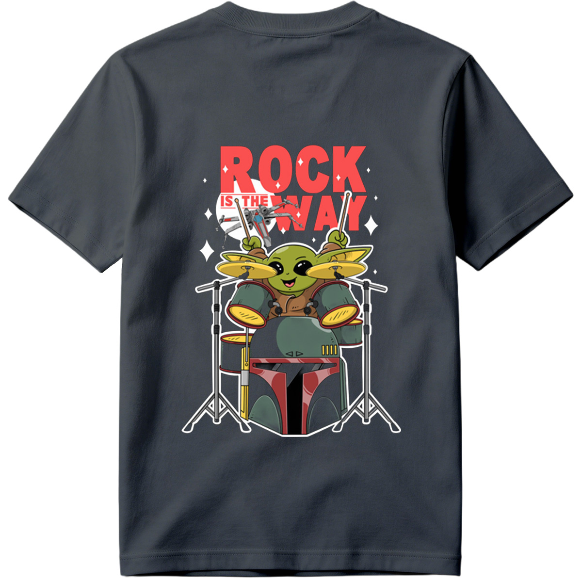 Baby Yoda Rocks the Drums with Boba Fett Helmet - Tee
