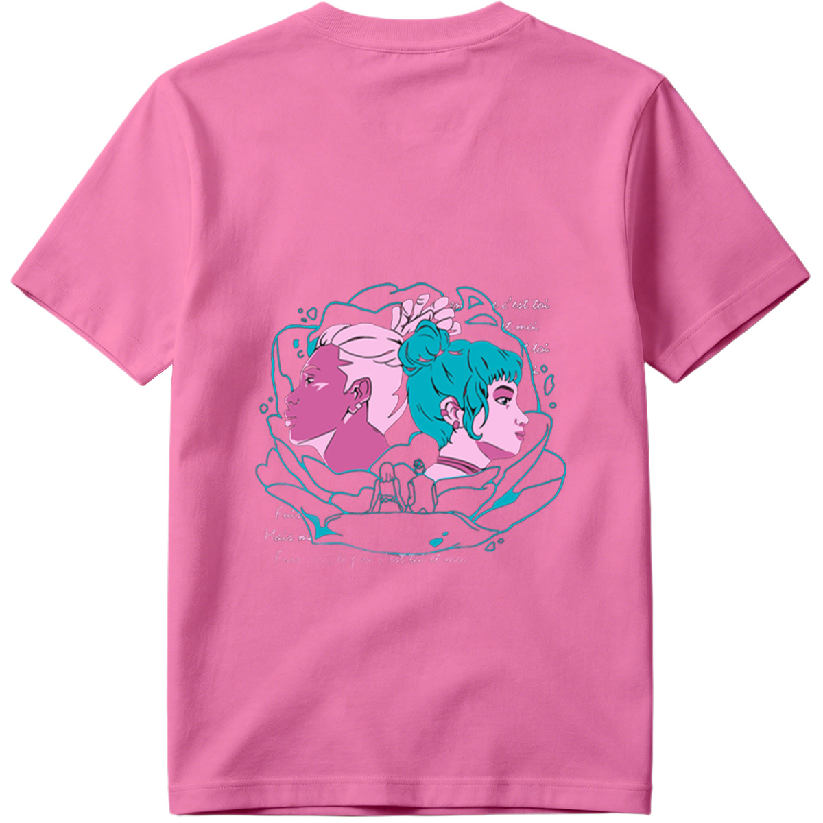 Two Women in Profile: A Stylized Artwork Featuring Pink and Teal Hair with French Text - Tee