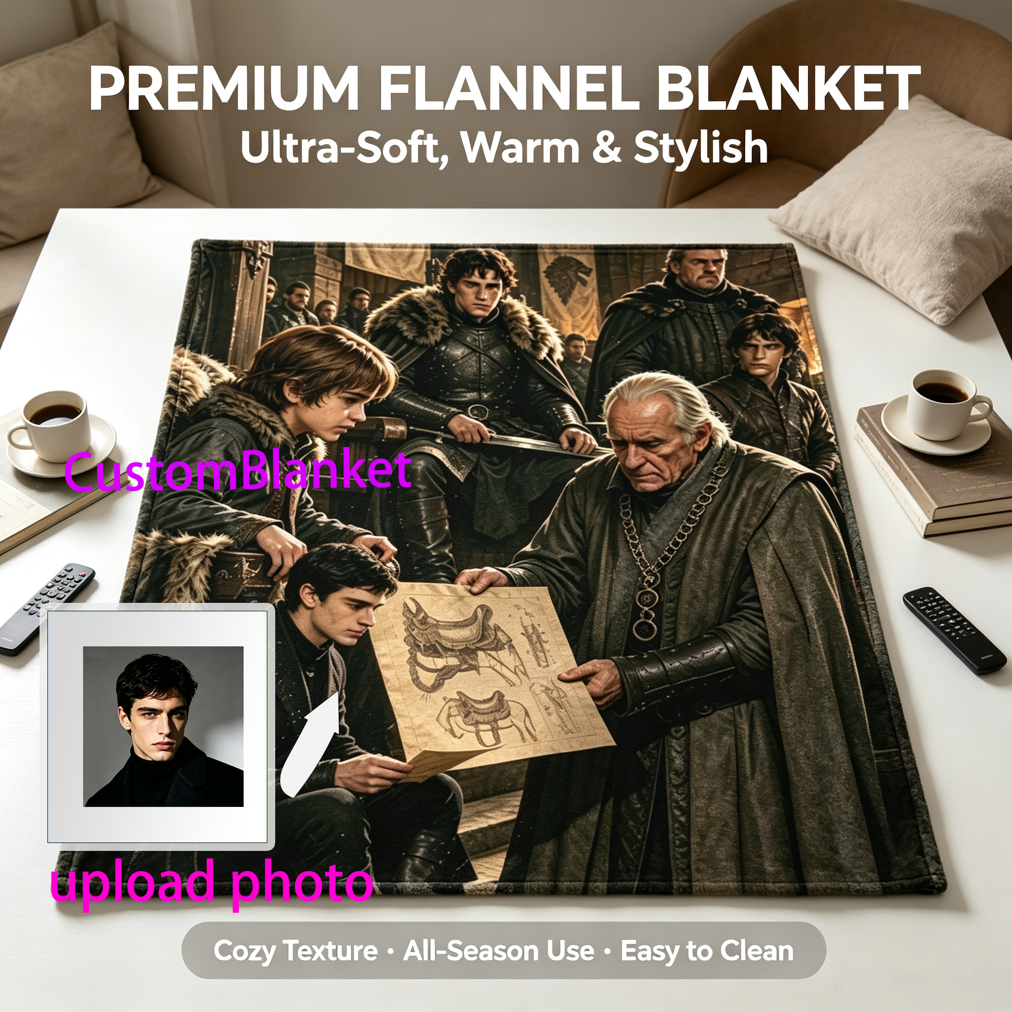 Custom Face Blanket Game of Thrones Characters Flannel Blanket for Couch, Bed, or Travel – Perfect Gift for Fans and Collectors