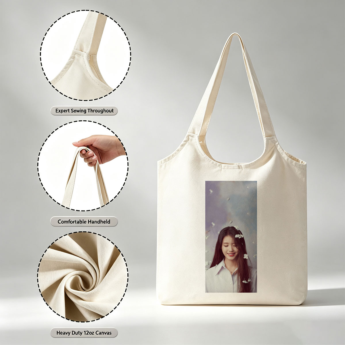 IU in a Dreamy Floral Scene with White Flowers Floating Around Her - Canvas shoulder bags/