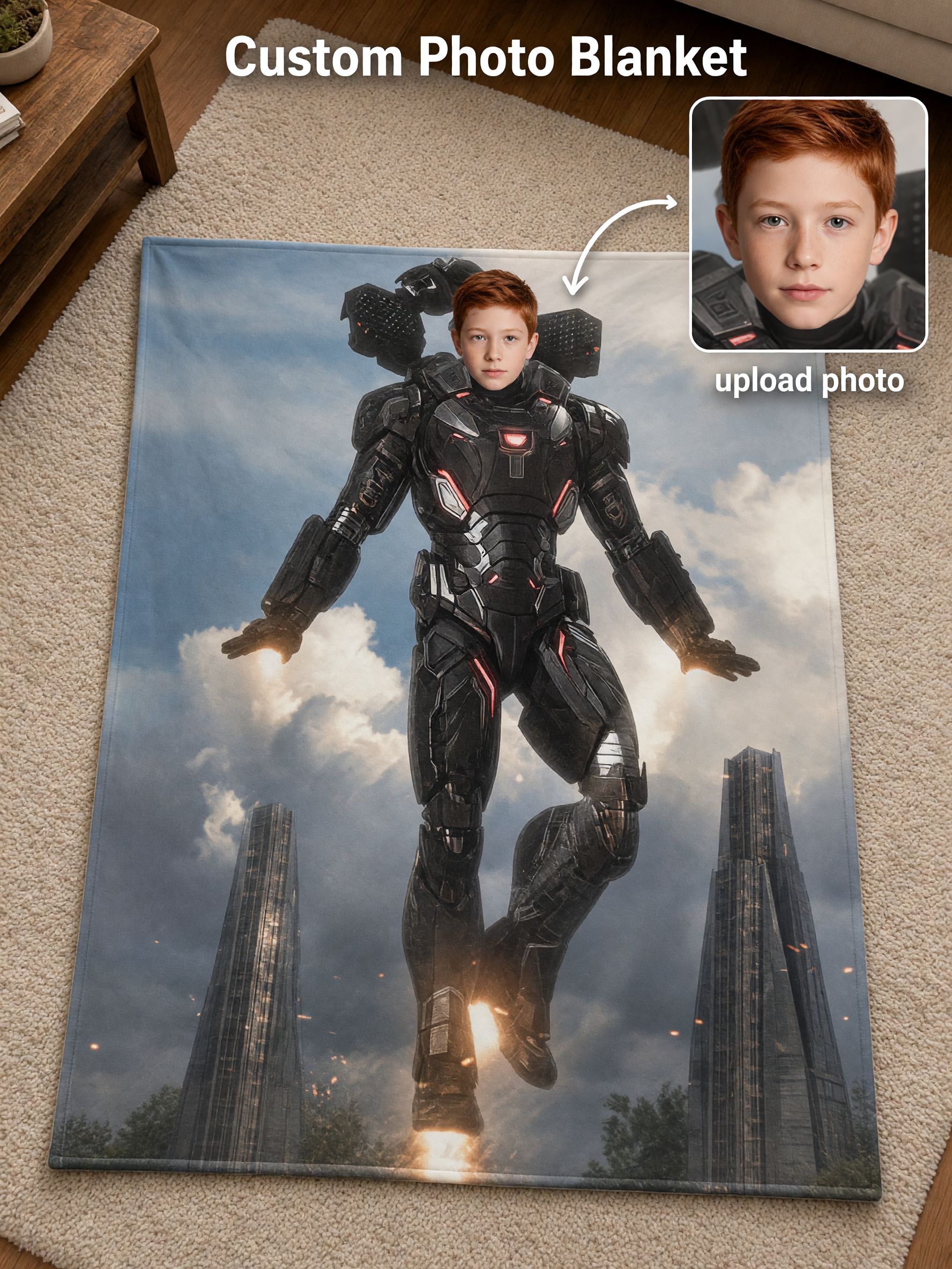 Custom Face Superhero Armor Flannel Blanket, Ultra Soft Anti-Pilling Throw for Bed Couch, Ideal Personalized Gift
