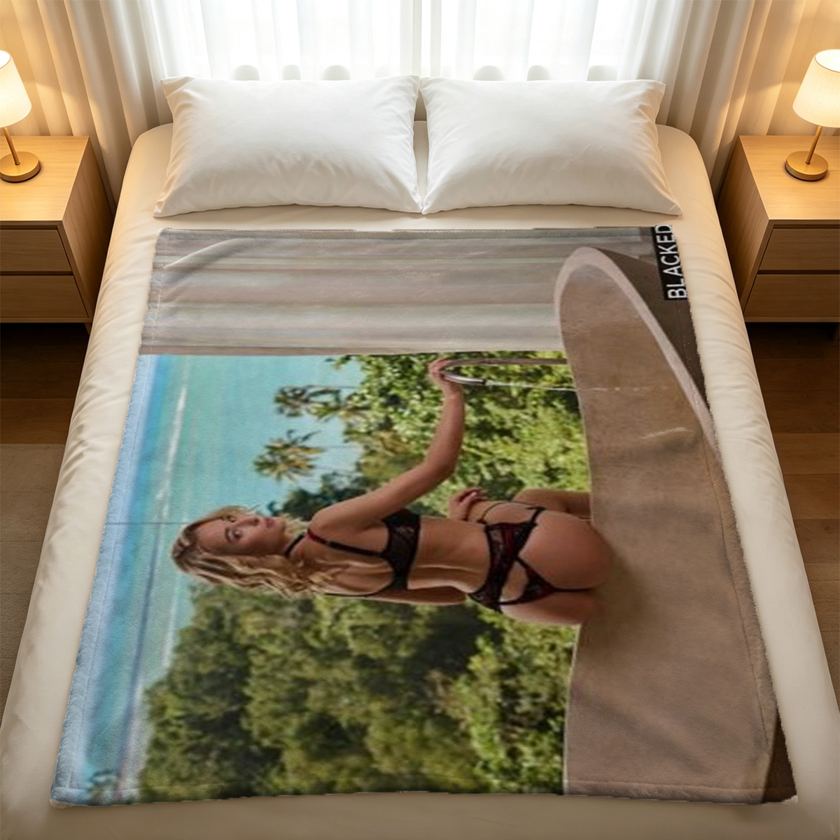 Blake Lively in a gold sequin swimsuit and wide-brim hat on a poolside lounge chair. - Blanket