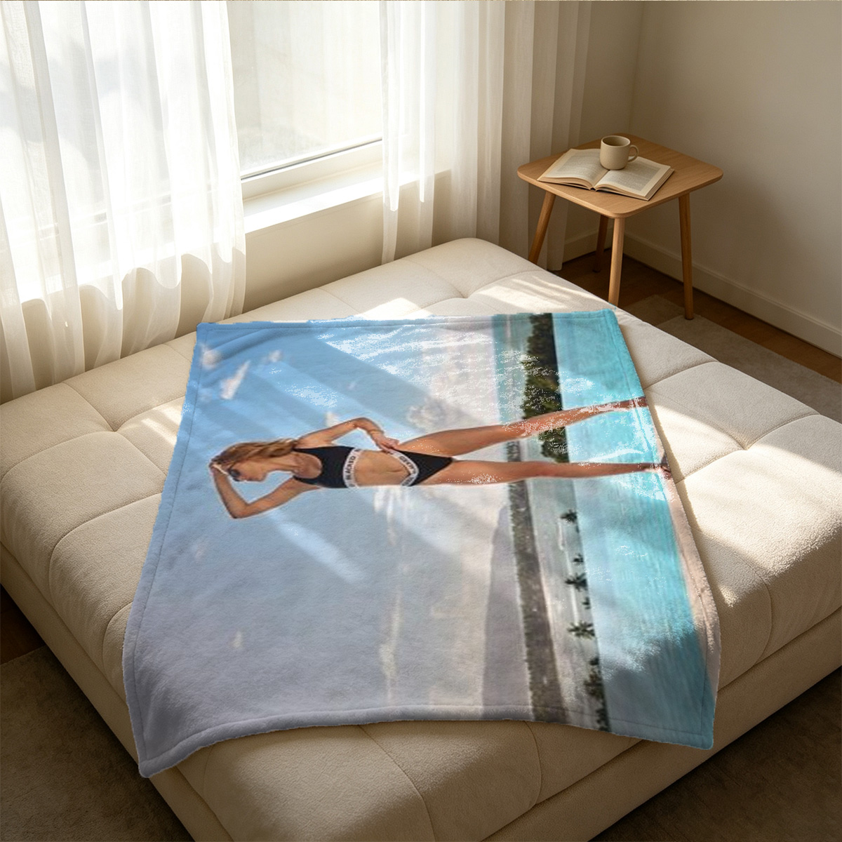Nude Japanese model leaning on table with long dark hair and pink lips. - Blanket